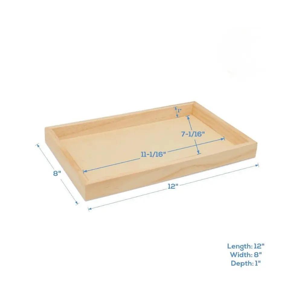 Unfinished wooden craft frame tray showing 12 inch by 8 inch dimensions and raised wood edge depth.