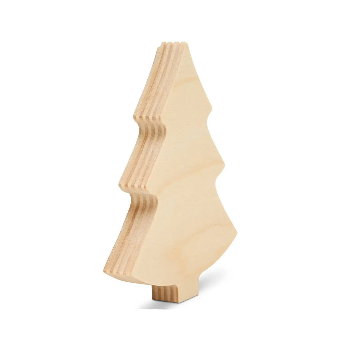 Unfinished birch wood evergreen tree at an angle for winter crafts and seasonal nature tables