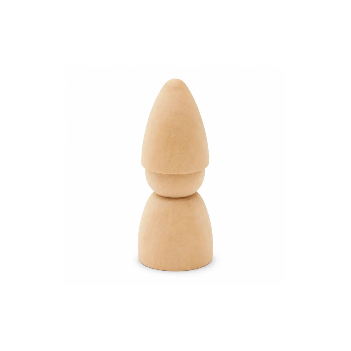 Unfinished birch wood gnome craft figure with pointed hat on a white background