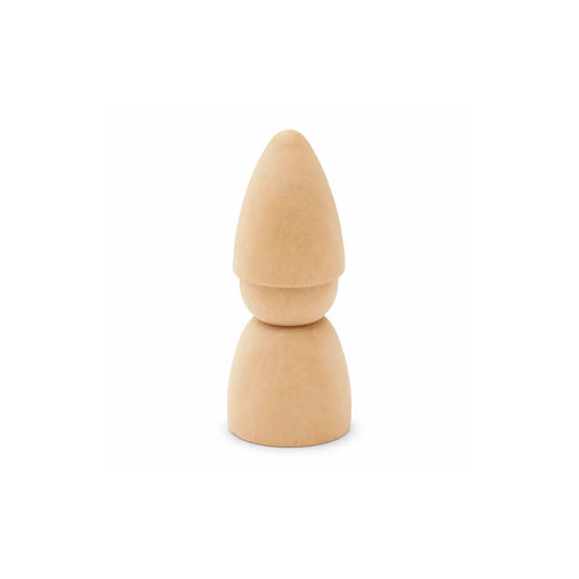 Unfinished birch wood gnome craft figure with pointed hat on a white background