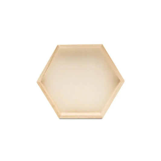 A hexagonal wooden tray with a light natural wood frame and a smooth, slightly warm beige interior, shown on a plain white background.