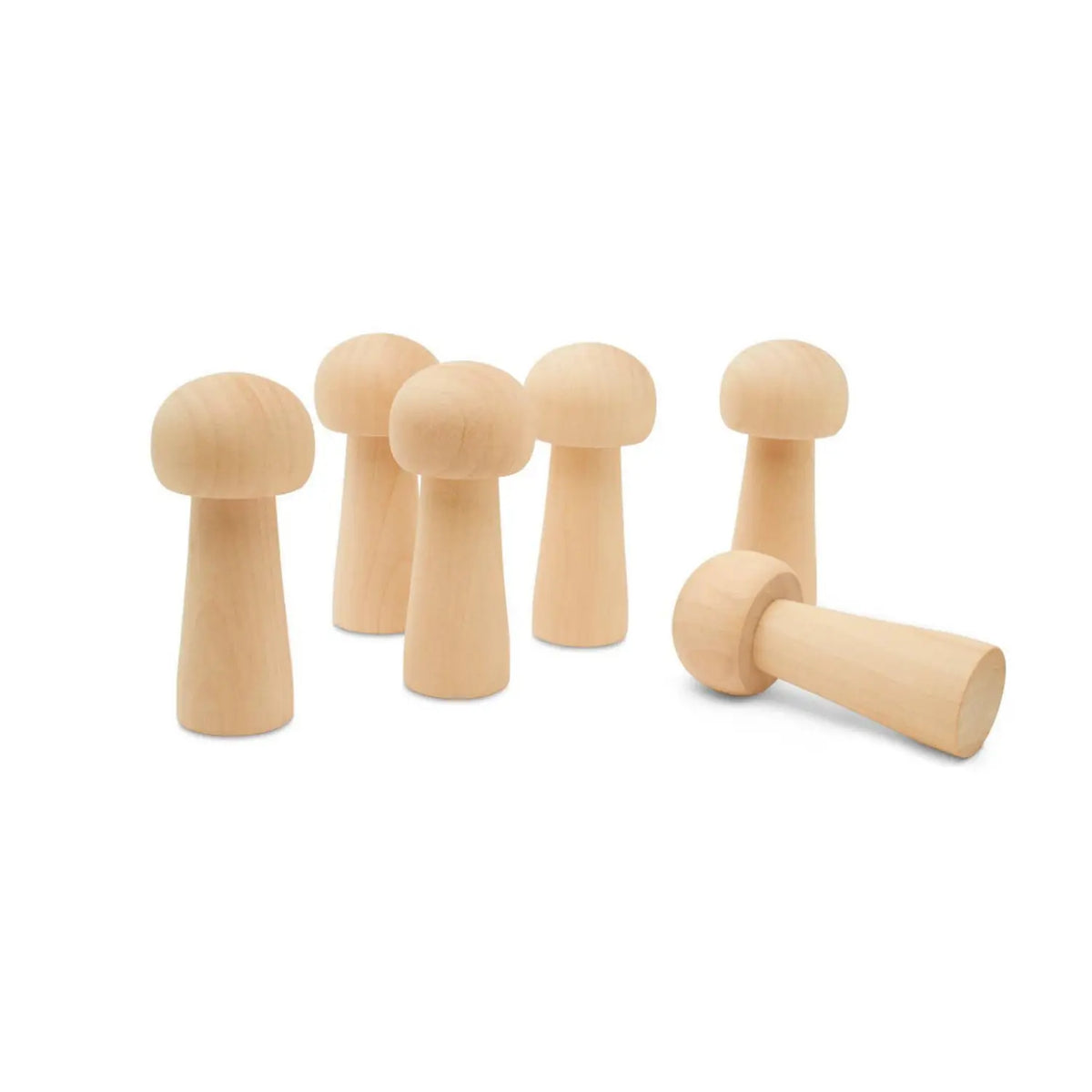 Group of unfinished birch wood mushrooms ready for painting and decorating