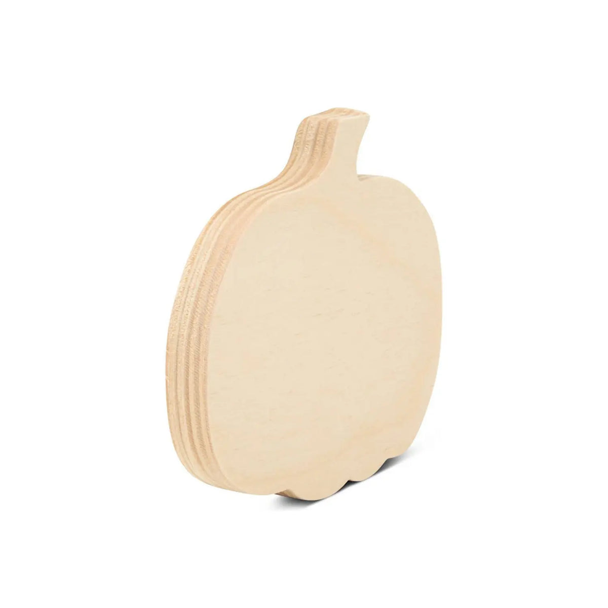 Angled view of unfinished birch wood pumpkin showing its freestanding 1/2 inch thickness