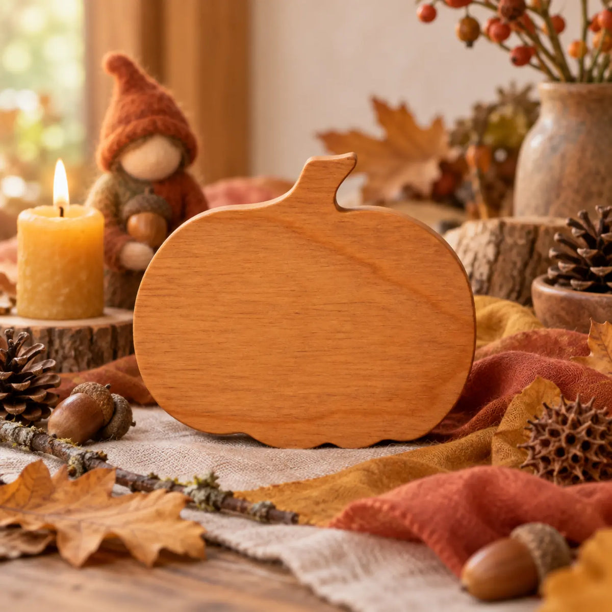 Autumn Waldorf seasonal table with a stained wooden pumpkin, visible wood grain, and layered natural textures in warm fall colors.