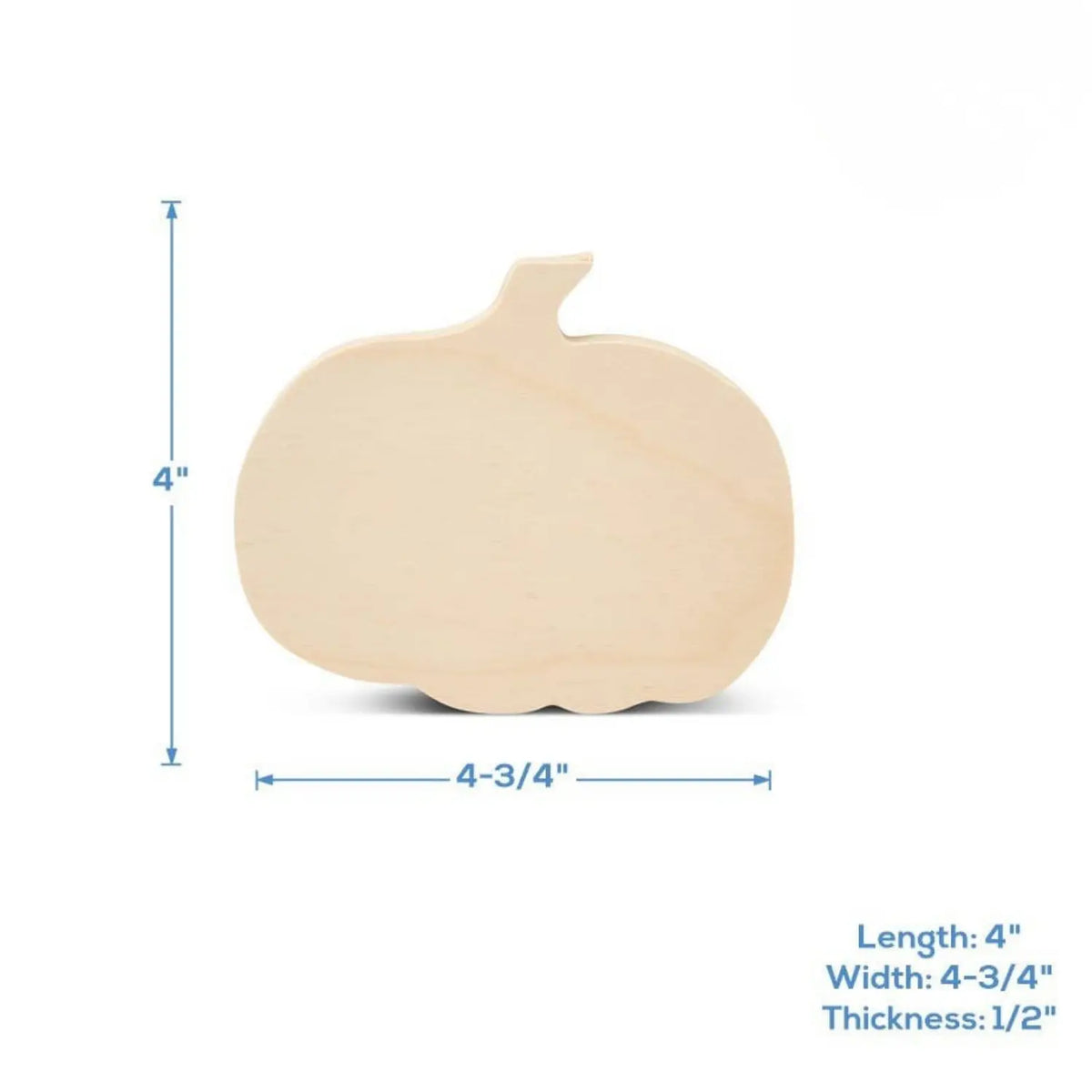 Unfinished wooden pumpkin measuring 4 inches high by 4.75 inches wide and 1/2 inch thick