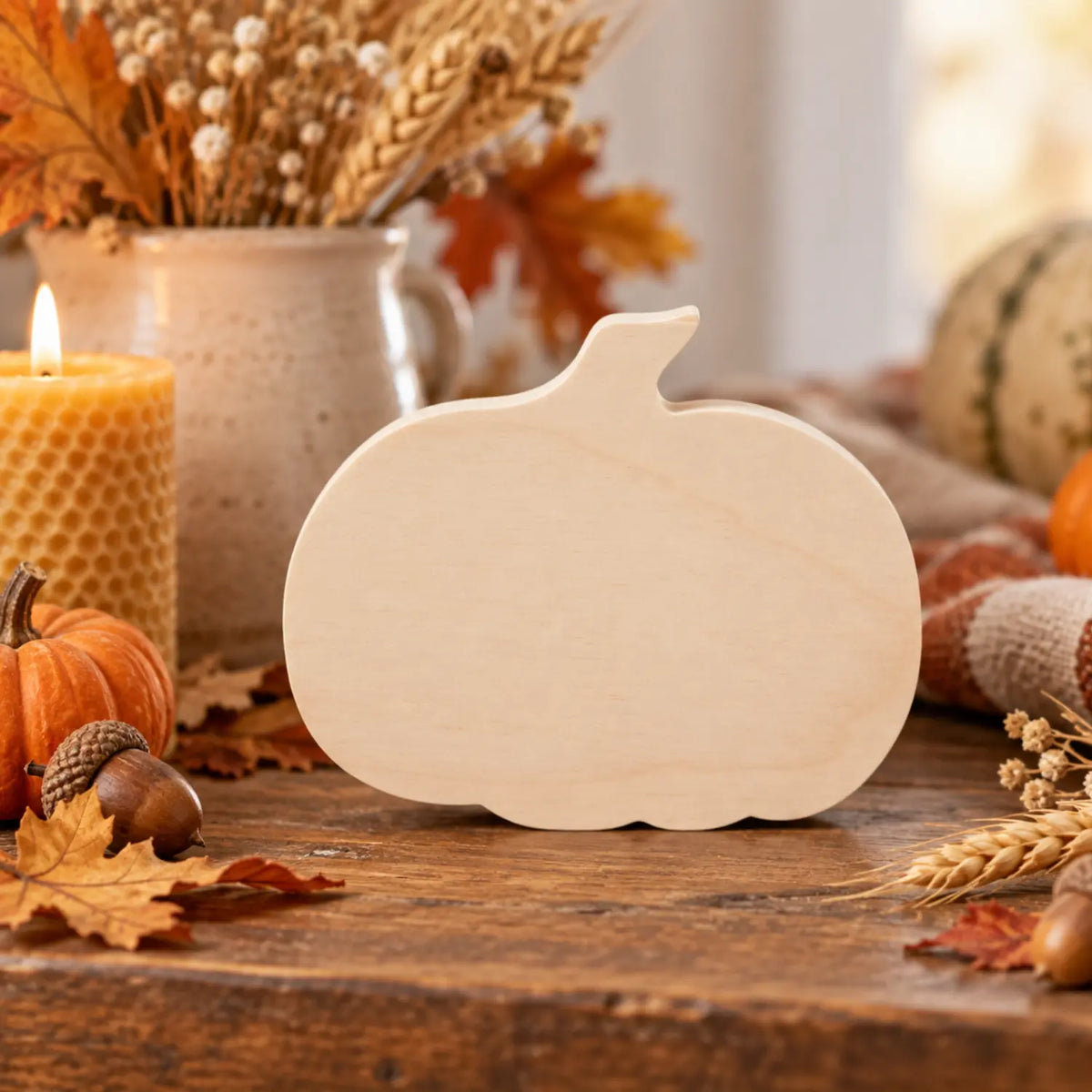 Wooden pumpkin cutout in a fall inspired seasonal table display.