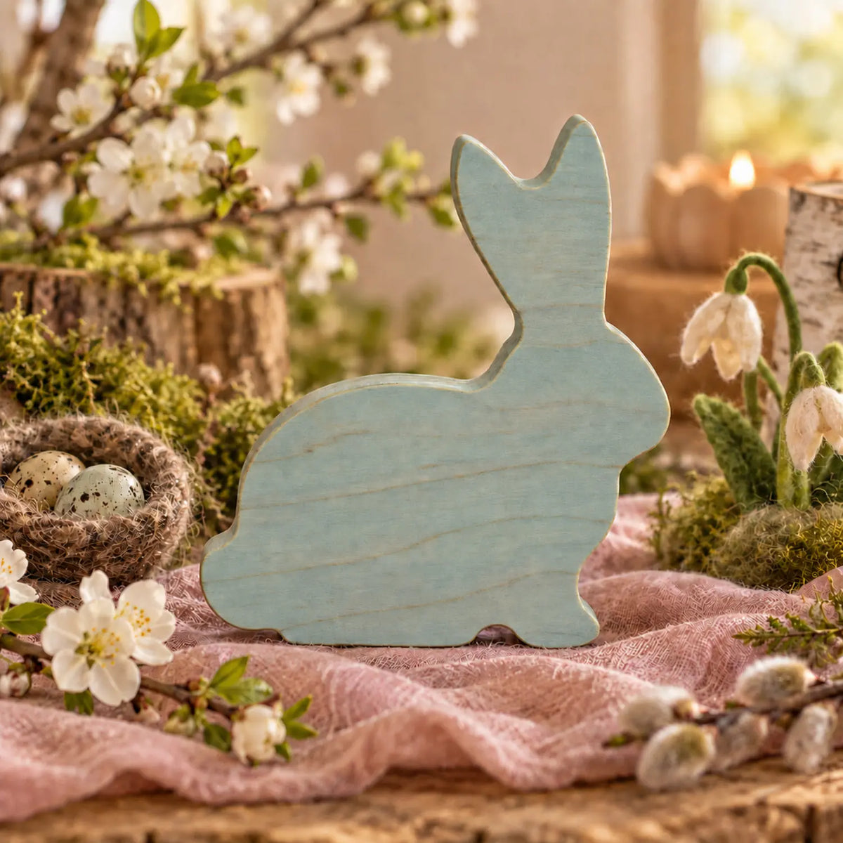 Stained rabbit wood cutout for a spring nature table decor