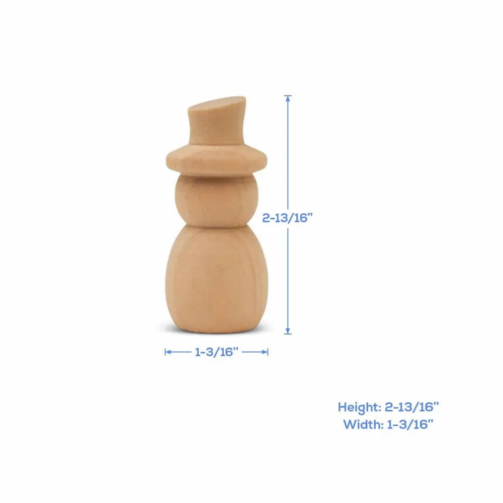 Angled hat wooden snowman measuring 2 13/16 inches high by 1 3/16 inches wide