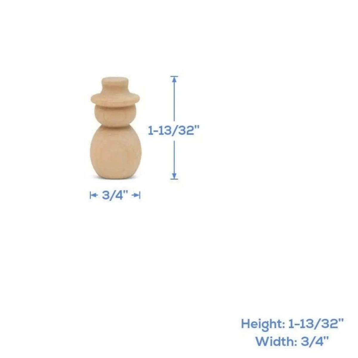 Mini wooden snowman measuring 1 13/32 inches high by 3/4 inch wide