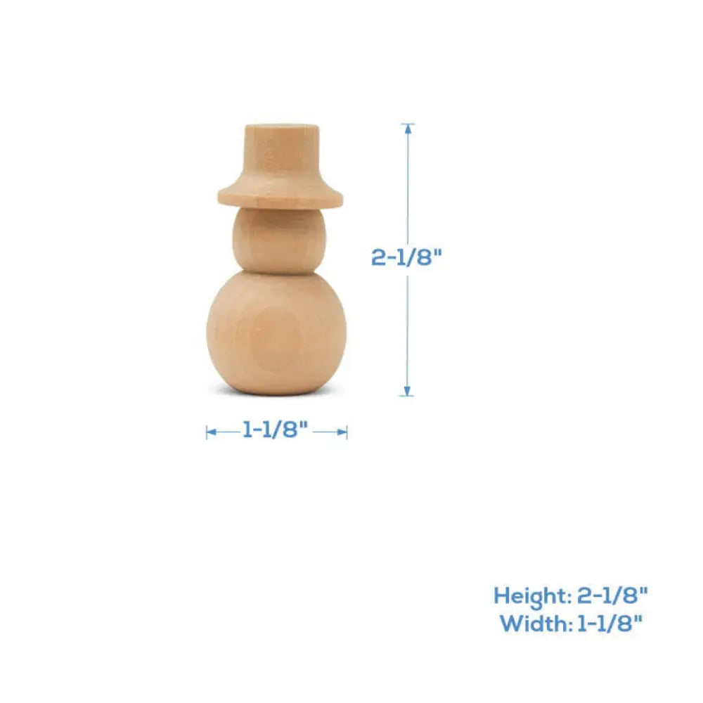 Straight hat wooden snowman measuring 2 1/8 inches high by 1 1/8 inches wide