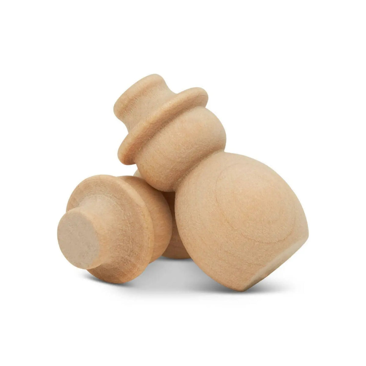 Unfinished birch wood snowmen showing smooth turned shapes and natural wood grain