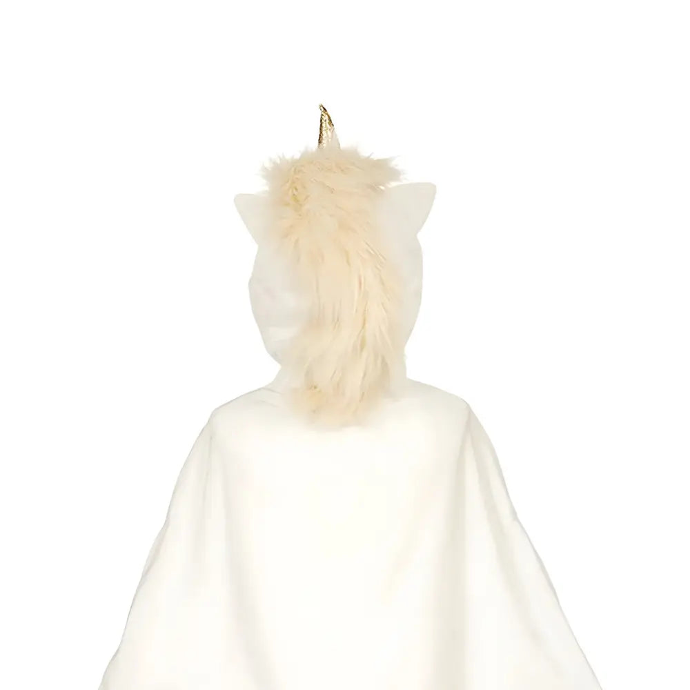 Back view of off-white unicorn cape showing hood mane and flowing shape