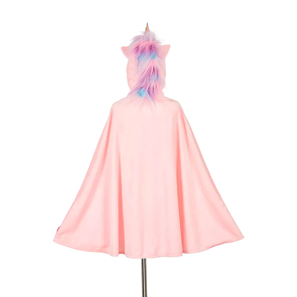 Back view of pink unicorn cape showing hood mane and flowing shape
