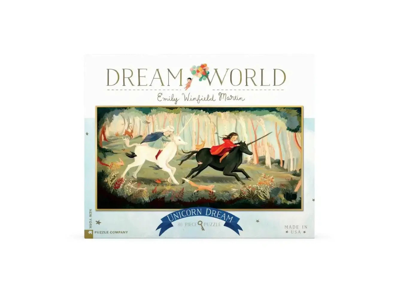 Jigsaw puzzle box featuring artwork of a unicorn and rider with 'Dream World' branding.