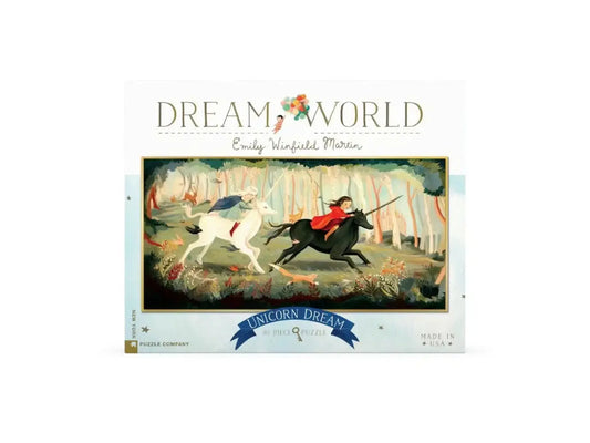 Jigsaw puzzle box featuring artwork of a unicorn and rider with 'Dream World' branding.