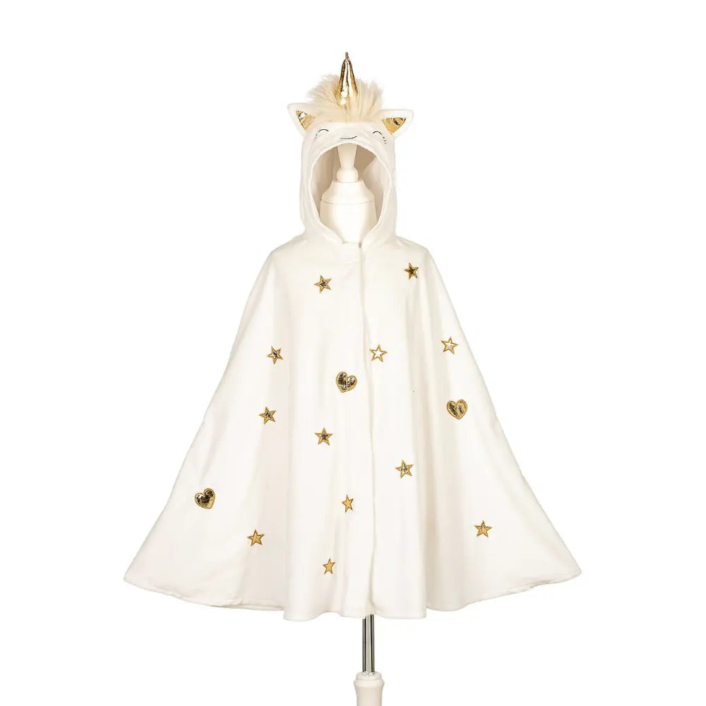 Off-white unicorn hooded cape for kids with gold stars and horn for dress-up play