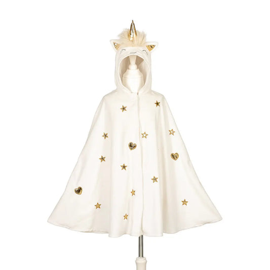Off-white unicorn hooded cape for kids with gold stars and horn for dress-up play