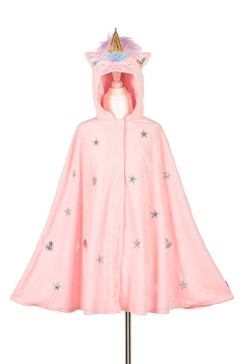 Pink unicorn hooded cape for kids with horn and soft fabric for dress-up play