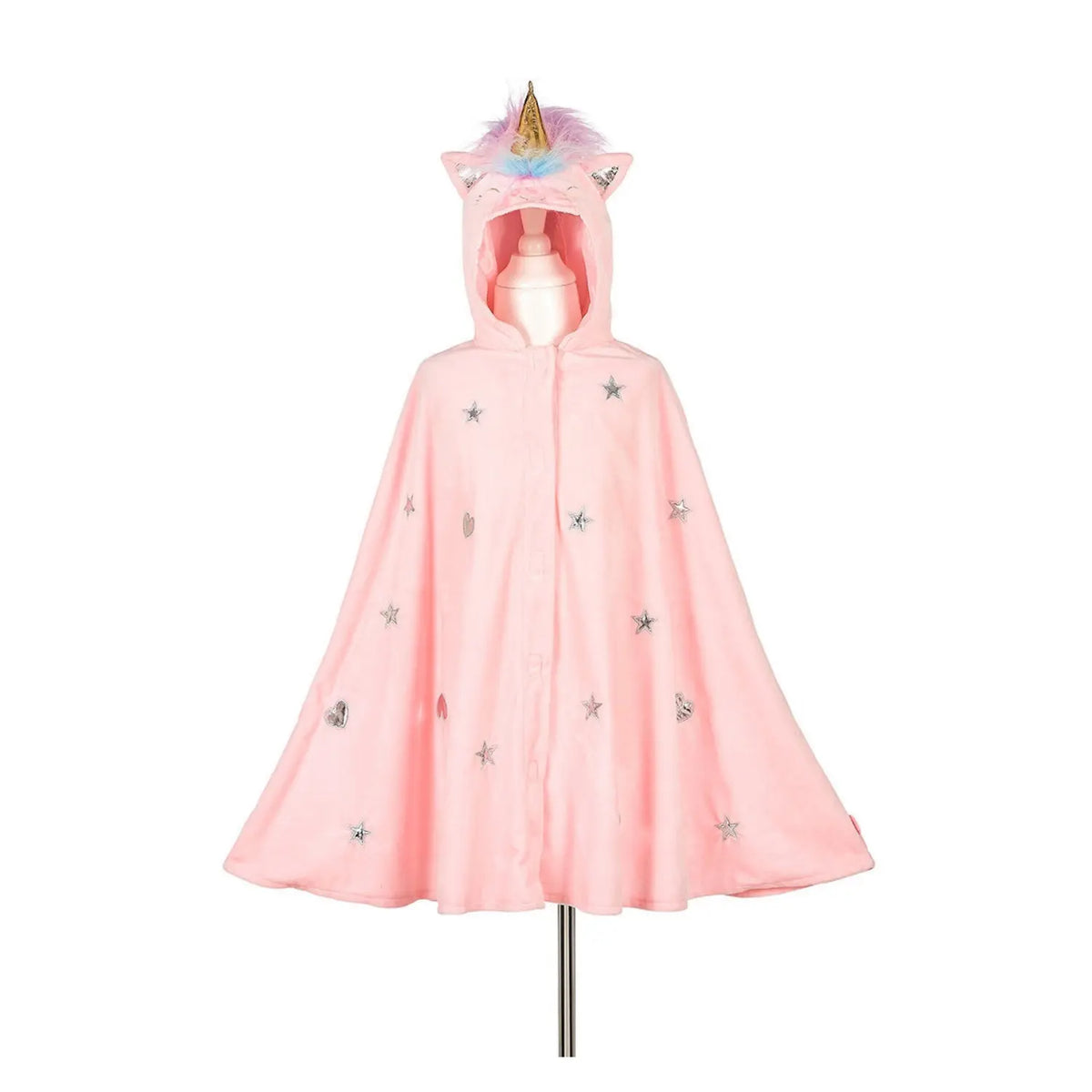 Pink unicorn hooded cape for kids with horn and soft fabric for dress-up play front view