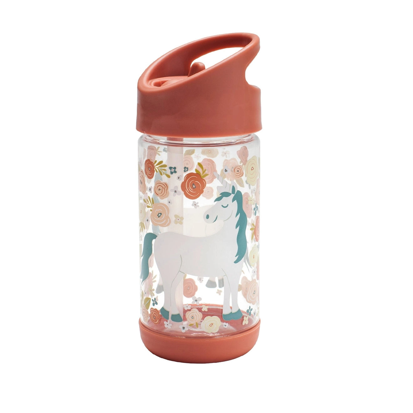 Children's water bottle with unicorn design and coral lid on a white background