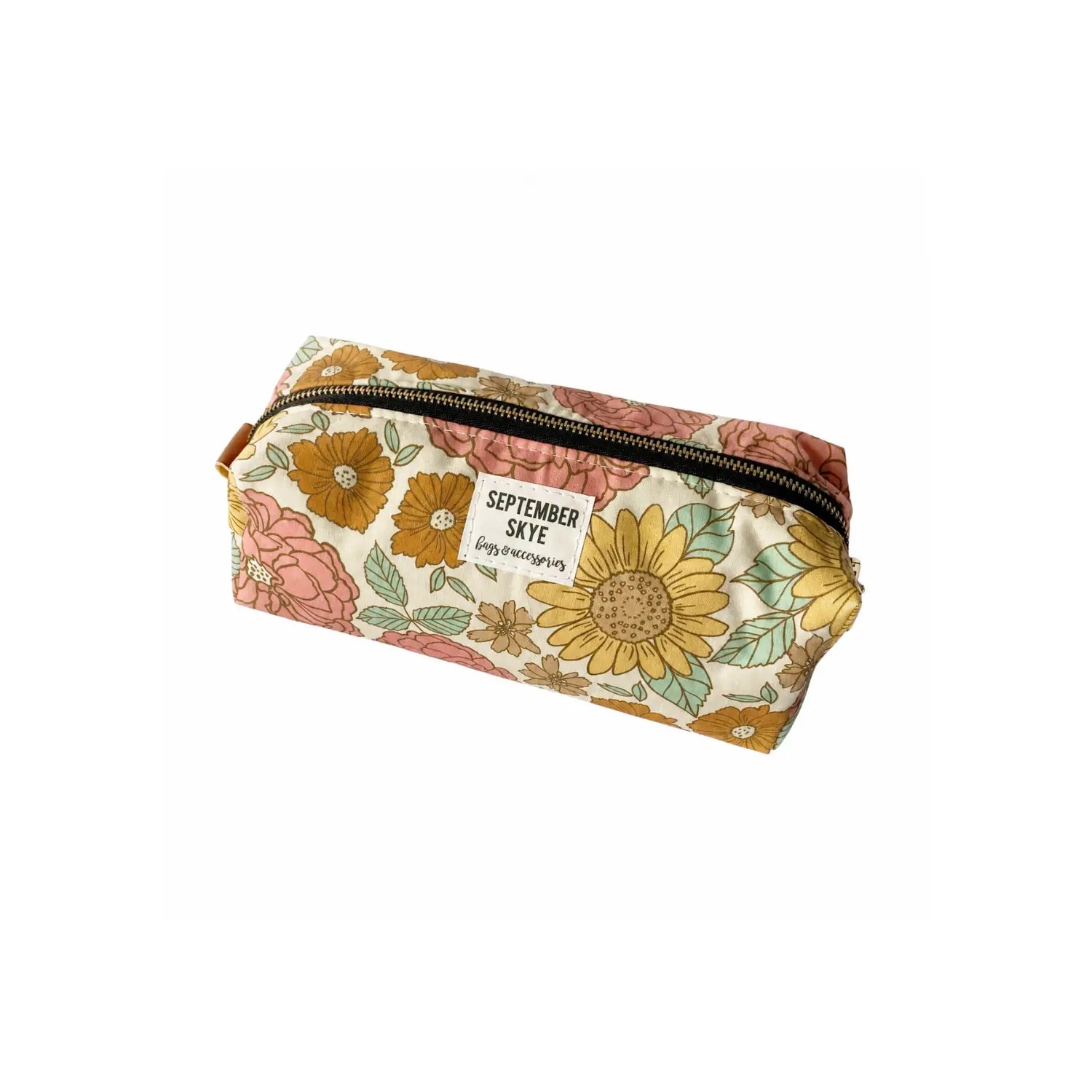 Vintage Floral boxy cotton pencil pouch by September Skye with a pink, yellow, and mint floral print on a white background