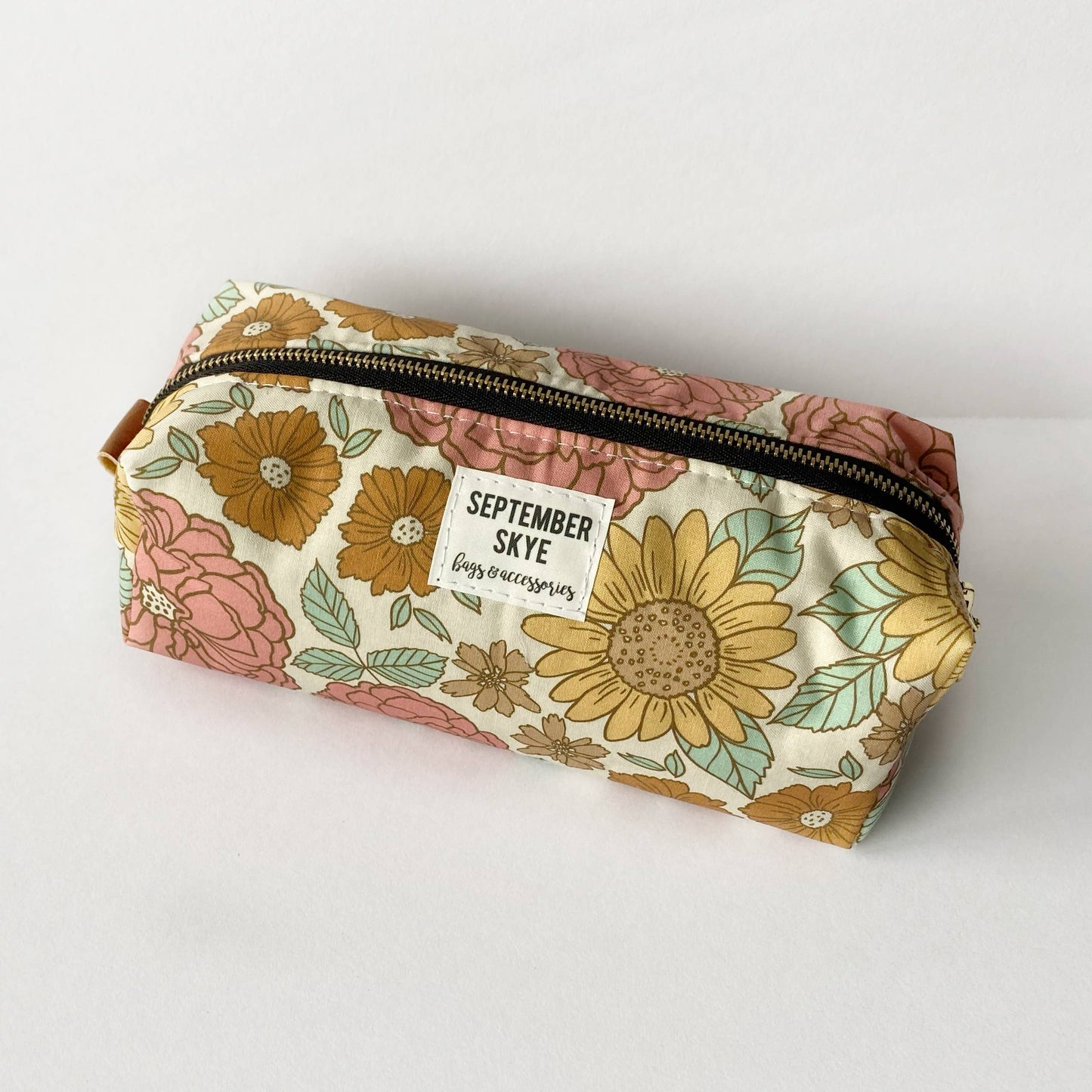Vintage Floral cotton boxy pencil pouch by September Skye with gold-tone zipper