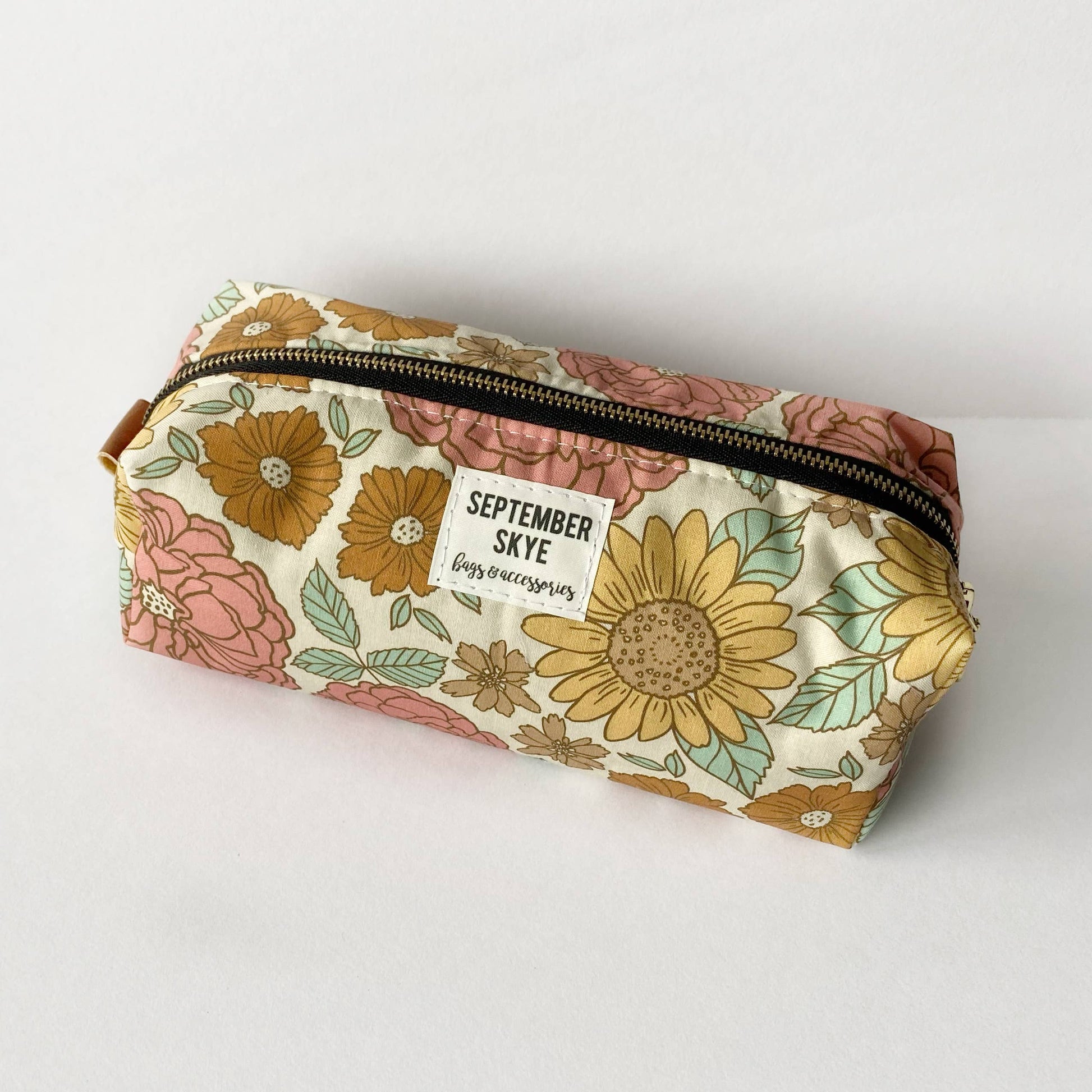 Vintage Floral cotton boxy pencil pouch by September Skye with gold-tone zipper