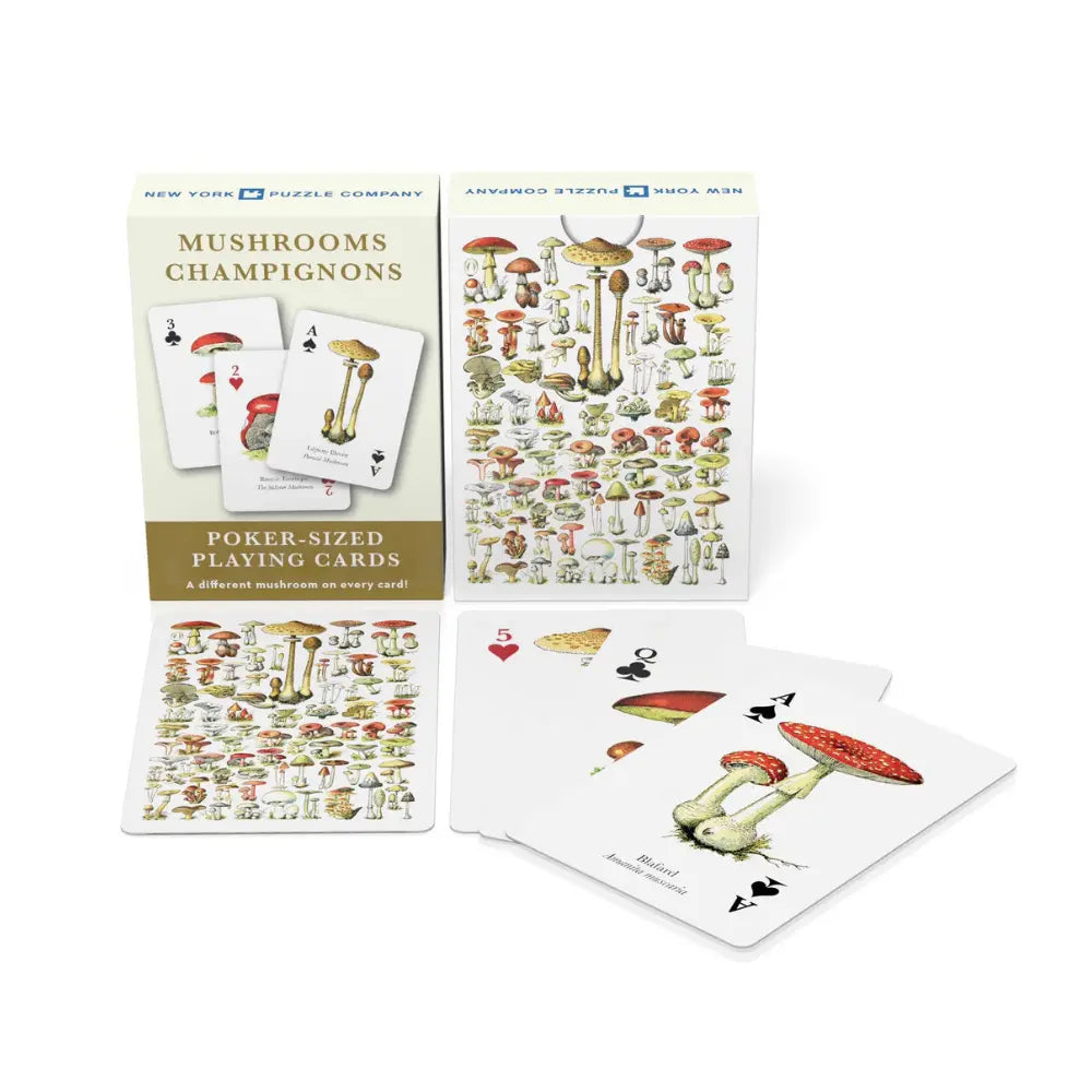 Mushroom-themed playing cards with packaging on a white background