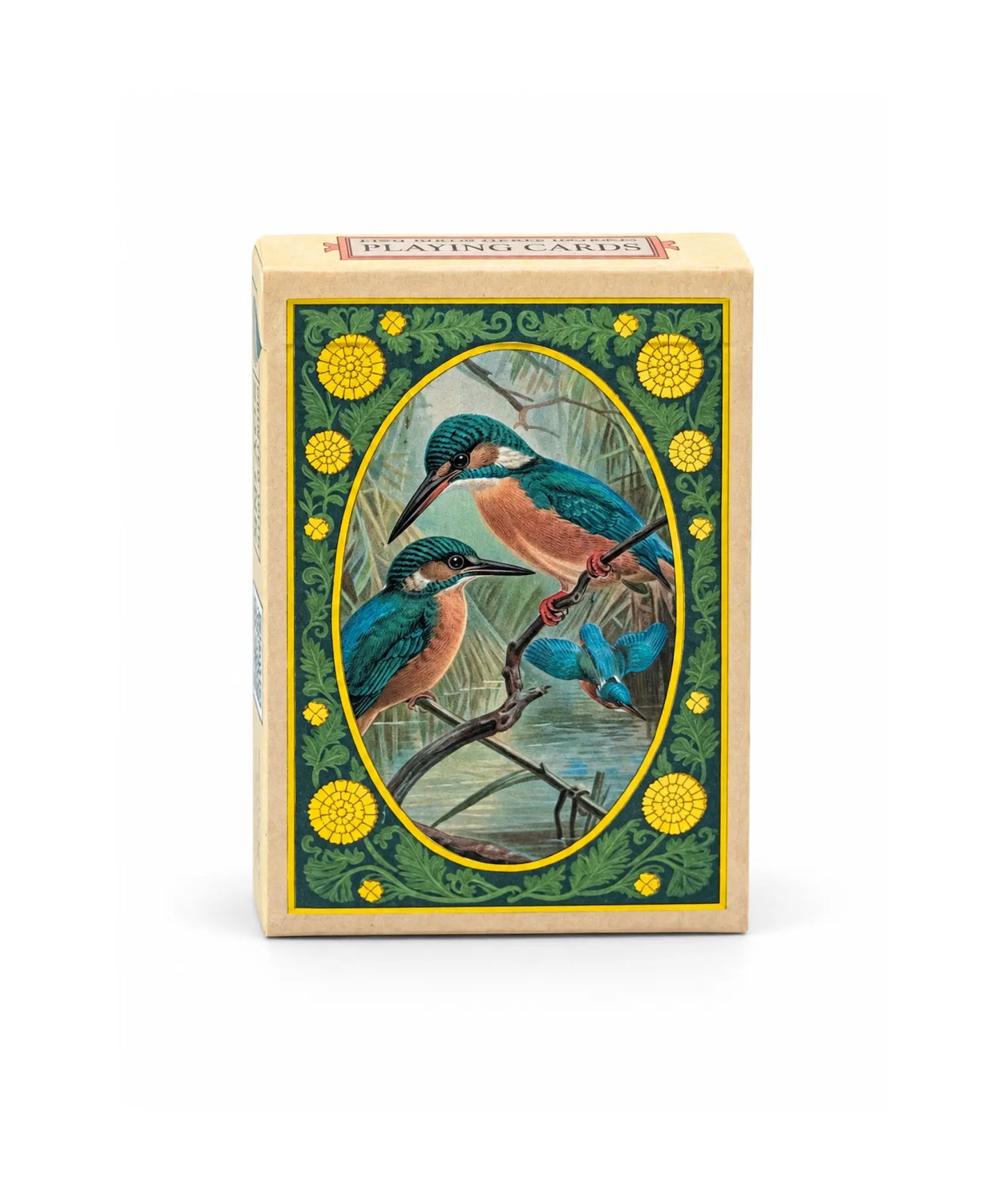 Vintage nature playing card box with kingfisher artwork and gold foil details