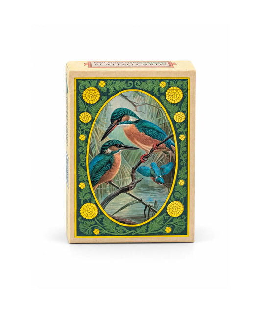 Vintage nature playing card box with kingfisher artwork and gold foil details