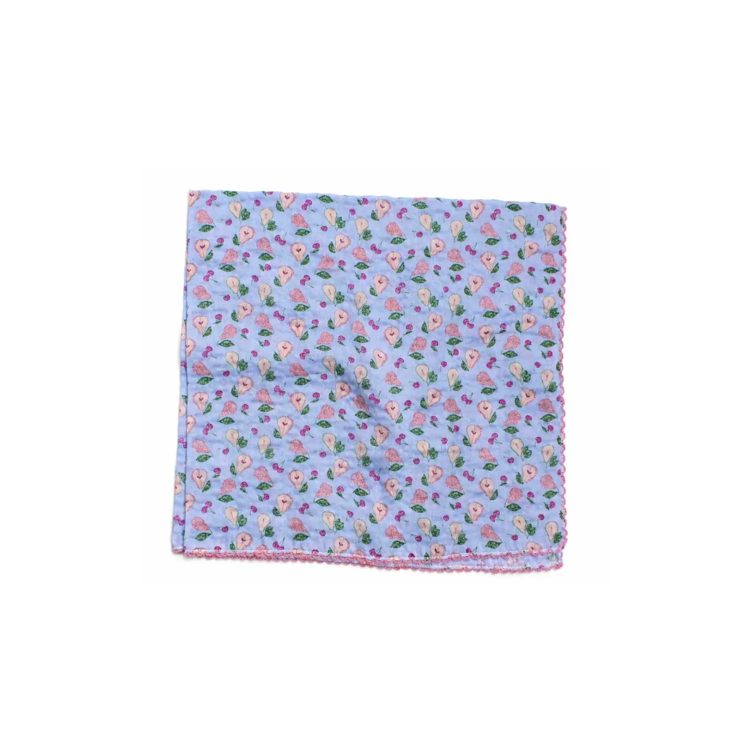 Vintage Pear & Cherry reusable lunch napkin in a pale blue fruit print with pink decorative edging