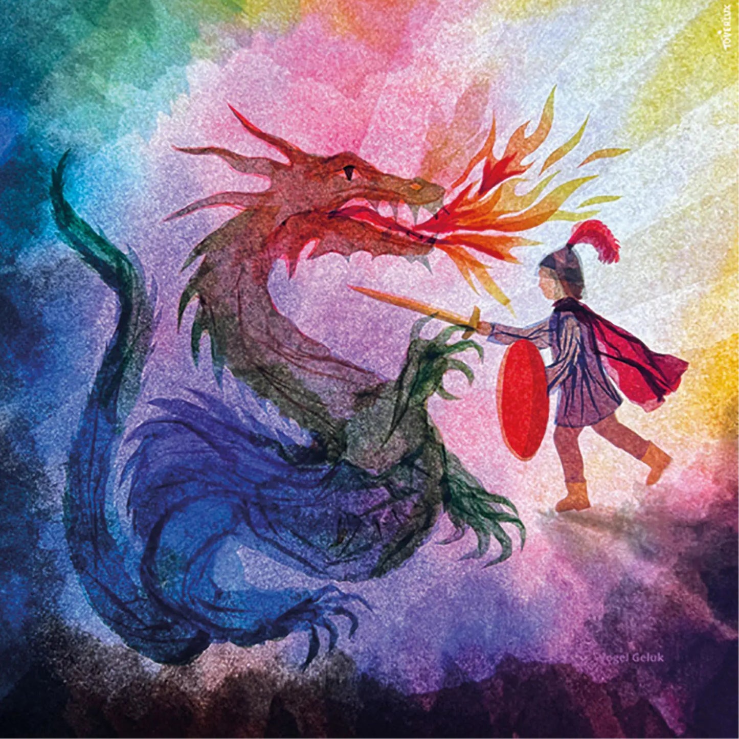 Vogel Geluk's Michaelmas transparency for Toverlux of St. George with his golden sword pointed at a fire breathing dragon