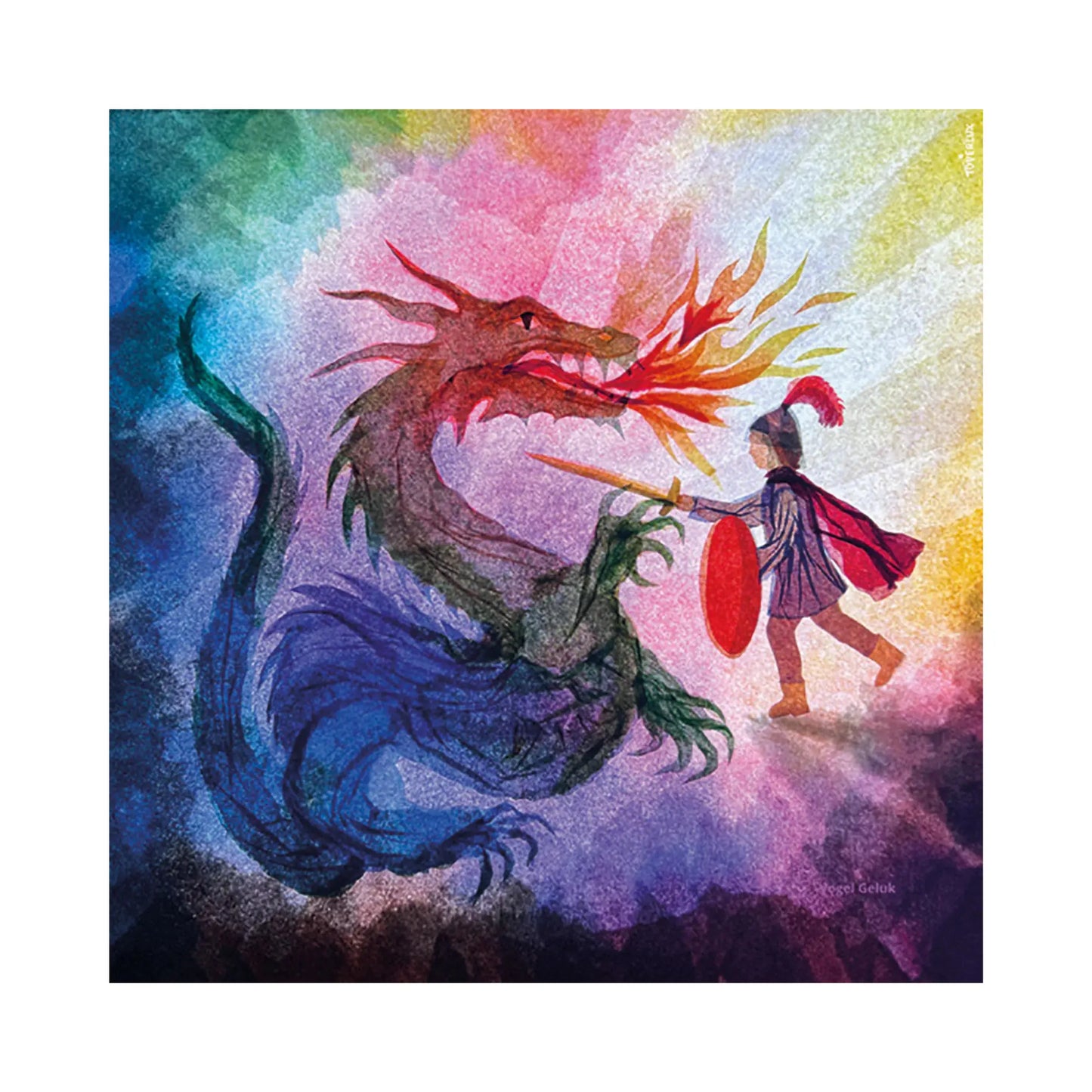 Saint George with his shield and sword battling a fire breathing dragon in many colors