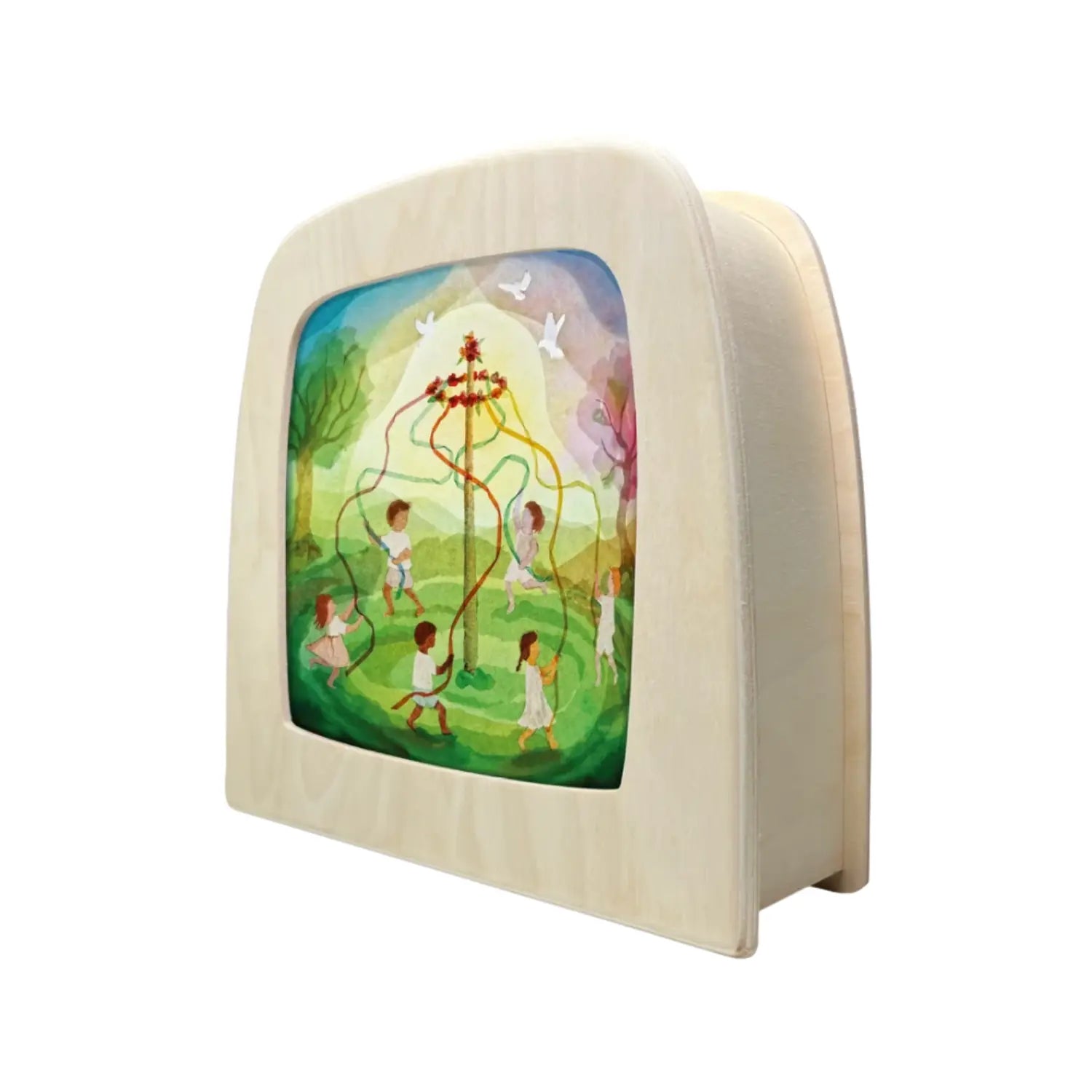 Toverlux Magic Lamp plate silhouette by Vogel Geluk of a spring May Day maypole Ribbon Dance angle view