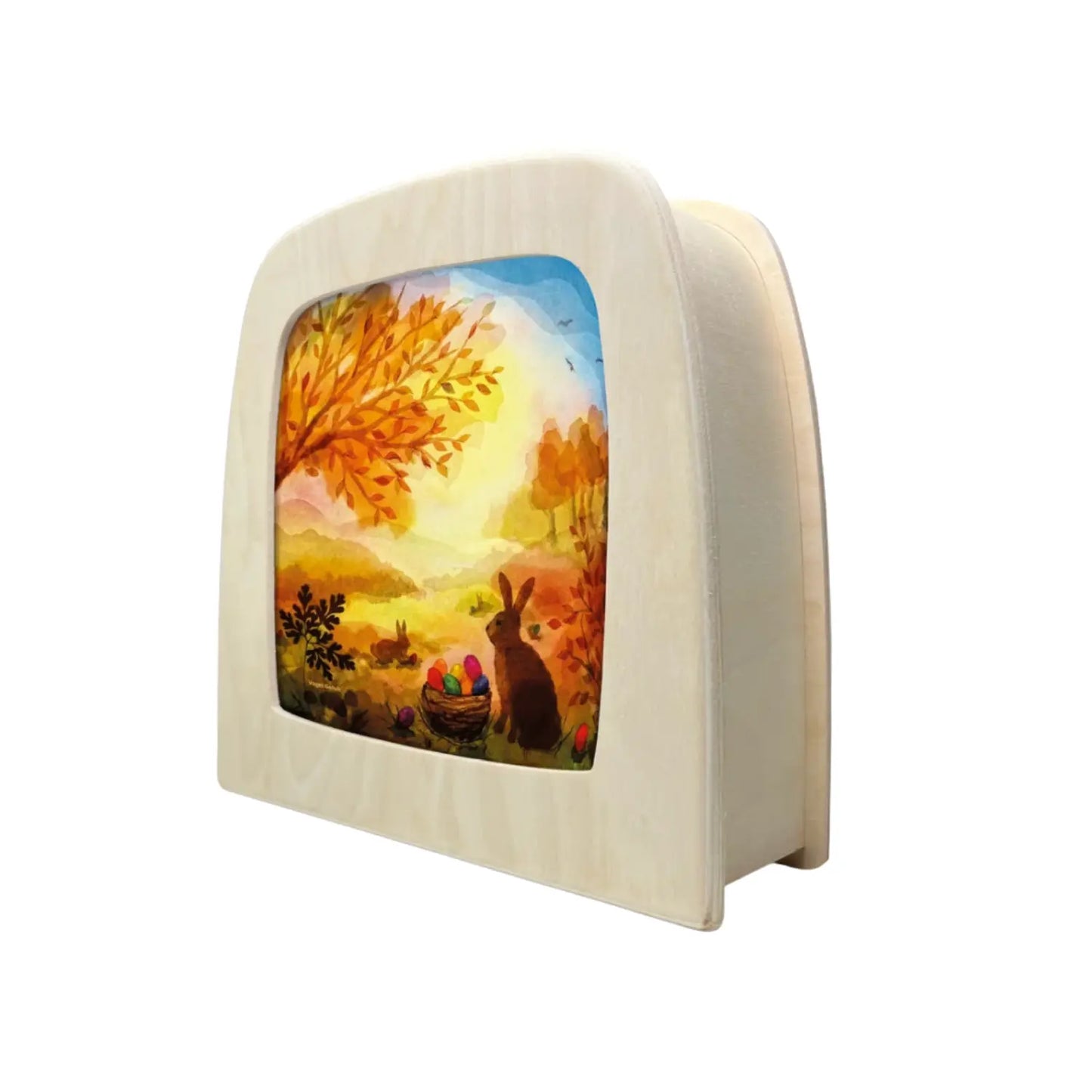 Toverlux Easter Basket Silhouette by Vogel Geluk with rabbits and colorful eggs displayed in an angled Toverlux Lamp