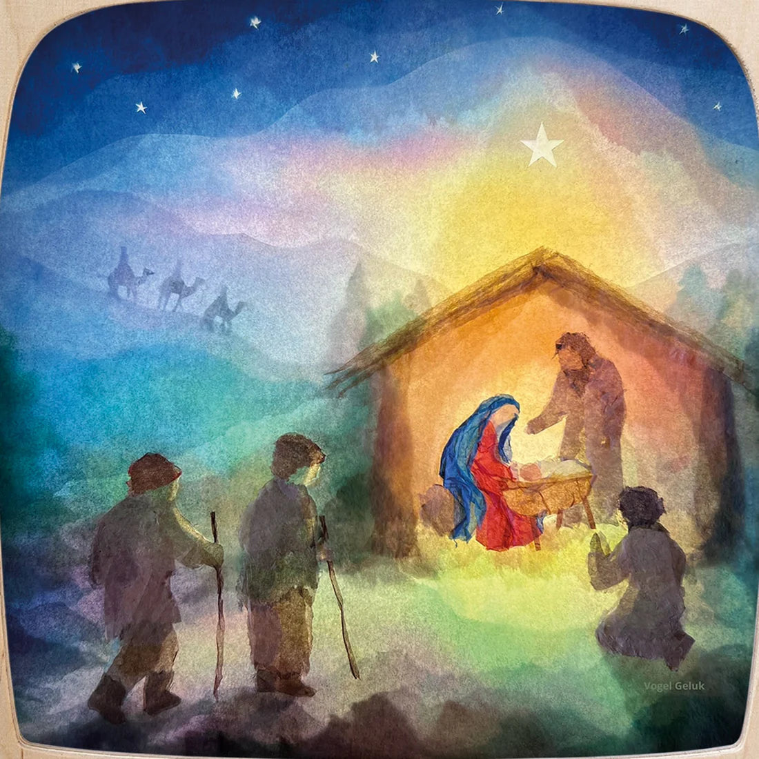 Nativity scence of Joseph, Mary, and Jesus in a stable with shepherds and wise men under a starry sky close up
