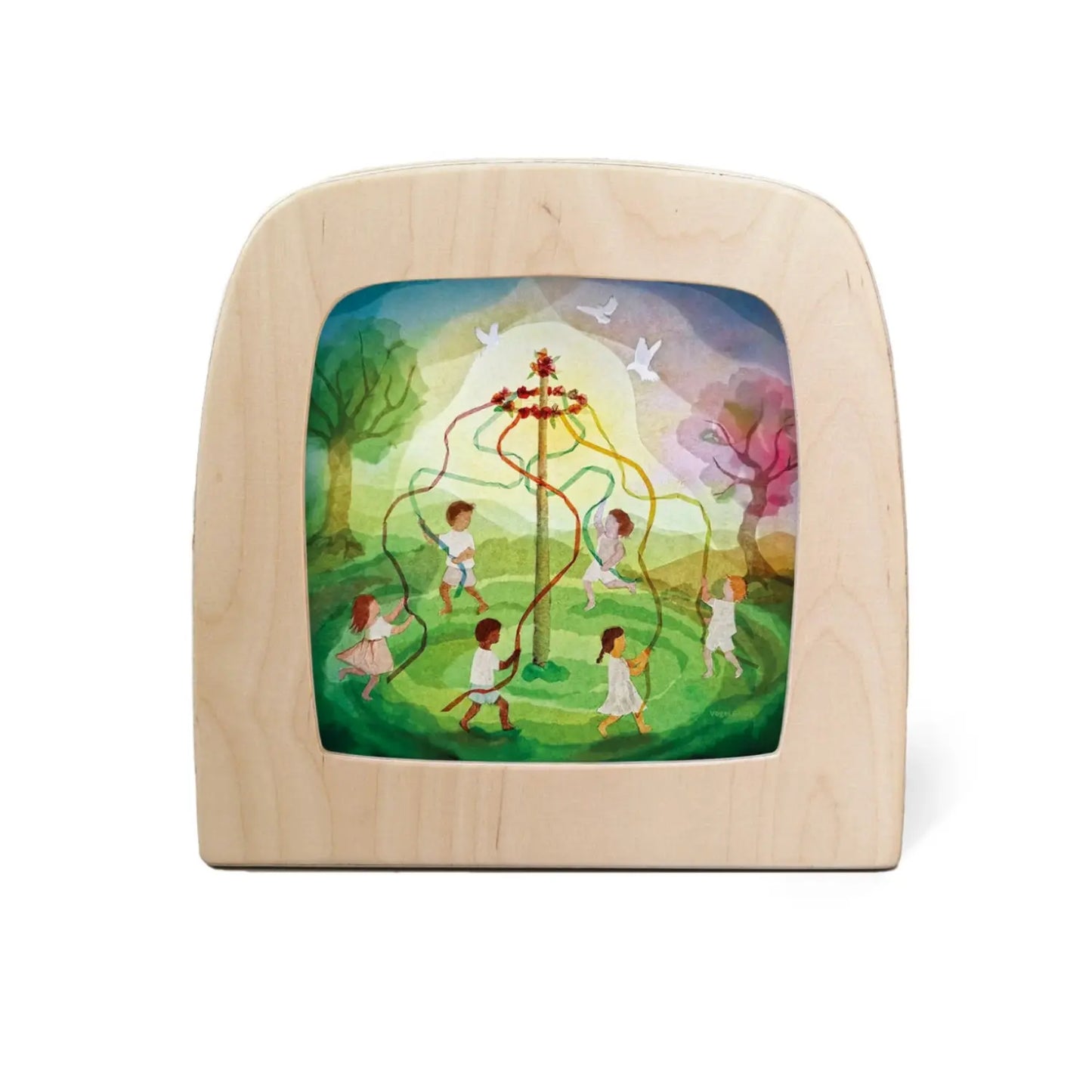Toverlux Magic Lamp plate silhouette by Vogel Geluk of a spring May Day maypole Ribbon Dance in a lamp frame