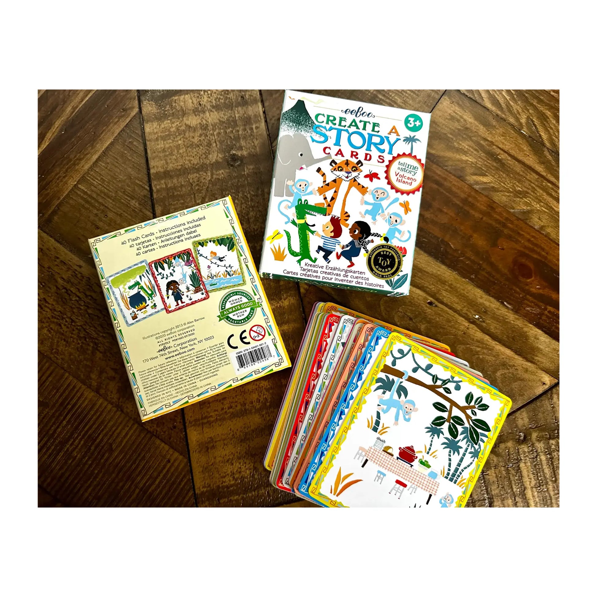 Volcano Island story cards box front and back with cards fanned out