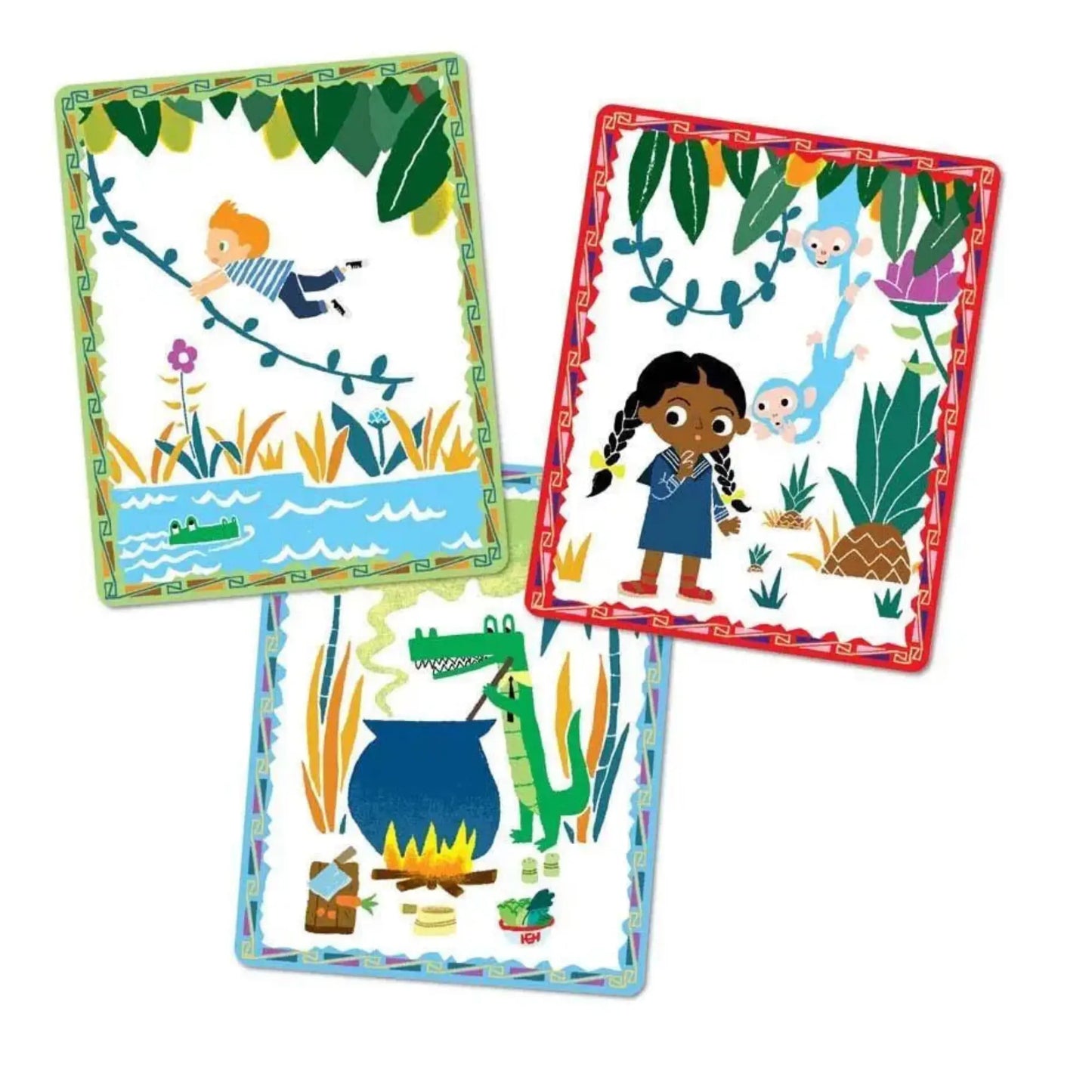 Close up of Volcano Island story cards showing jungle characters and scenes