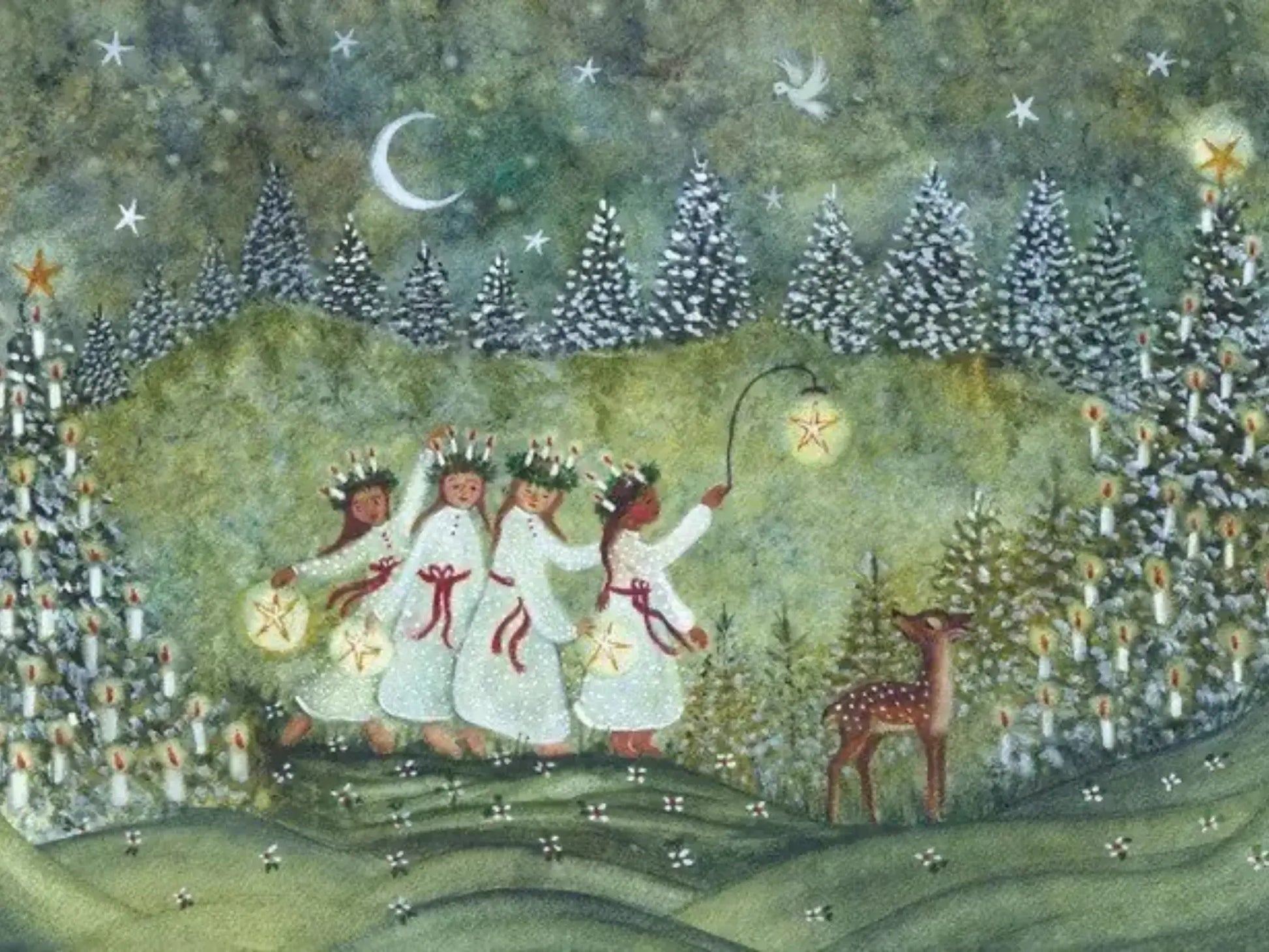 Waldorf illustration of four girls dressed as Saint Lucia in white gowns, a deer, and candles in a forest setting.