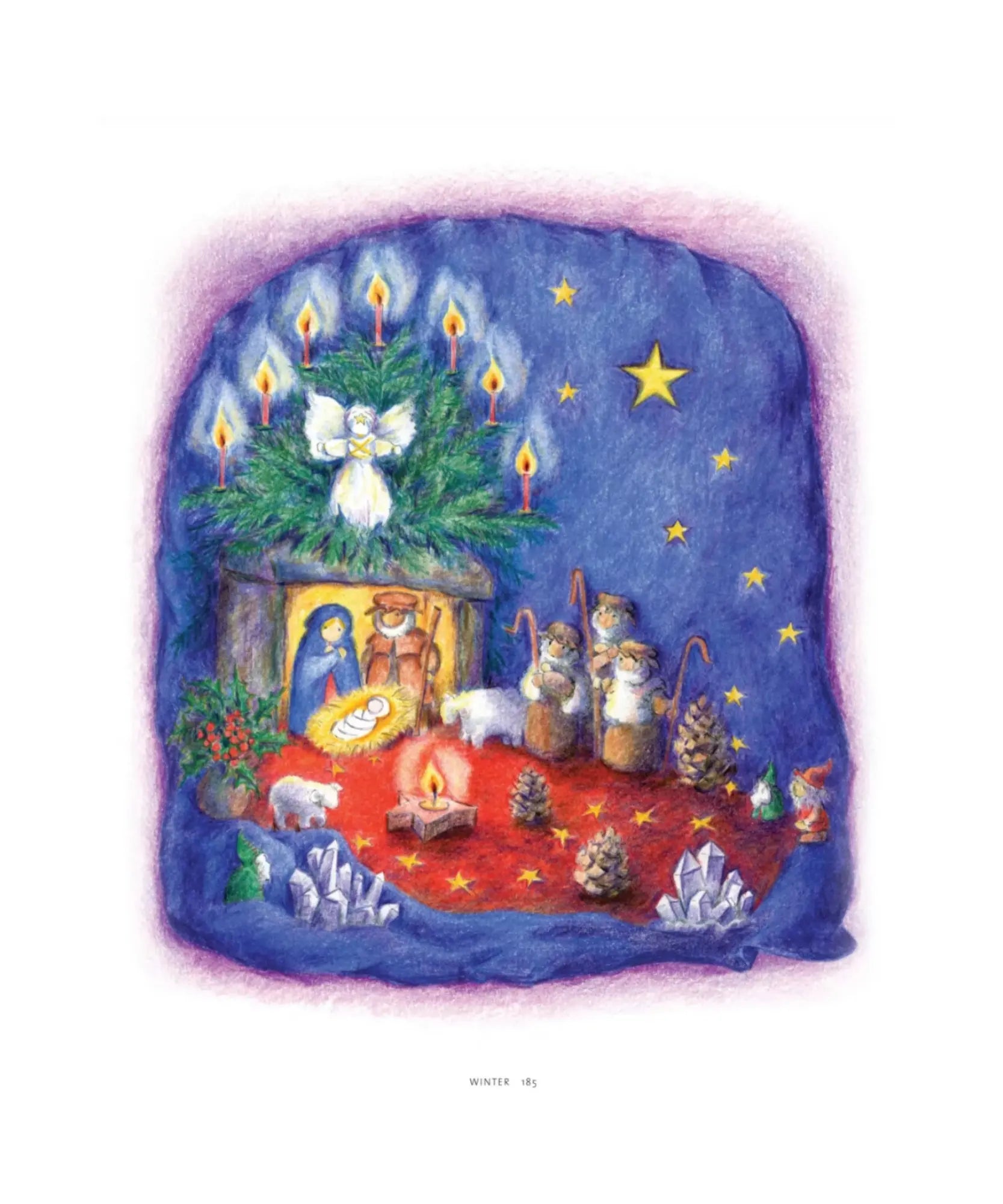 Illustration of a nativity scene with stars and a blue sky.