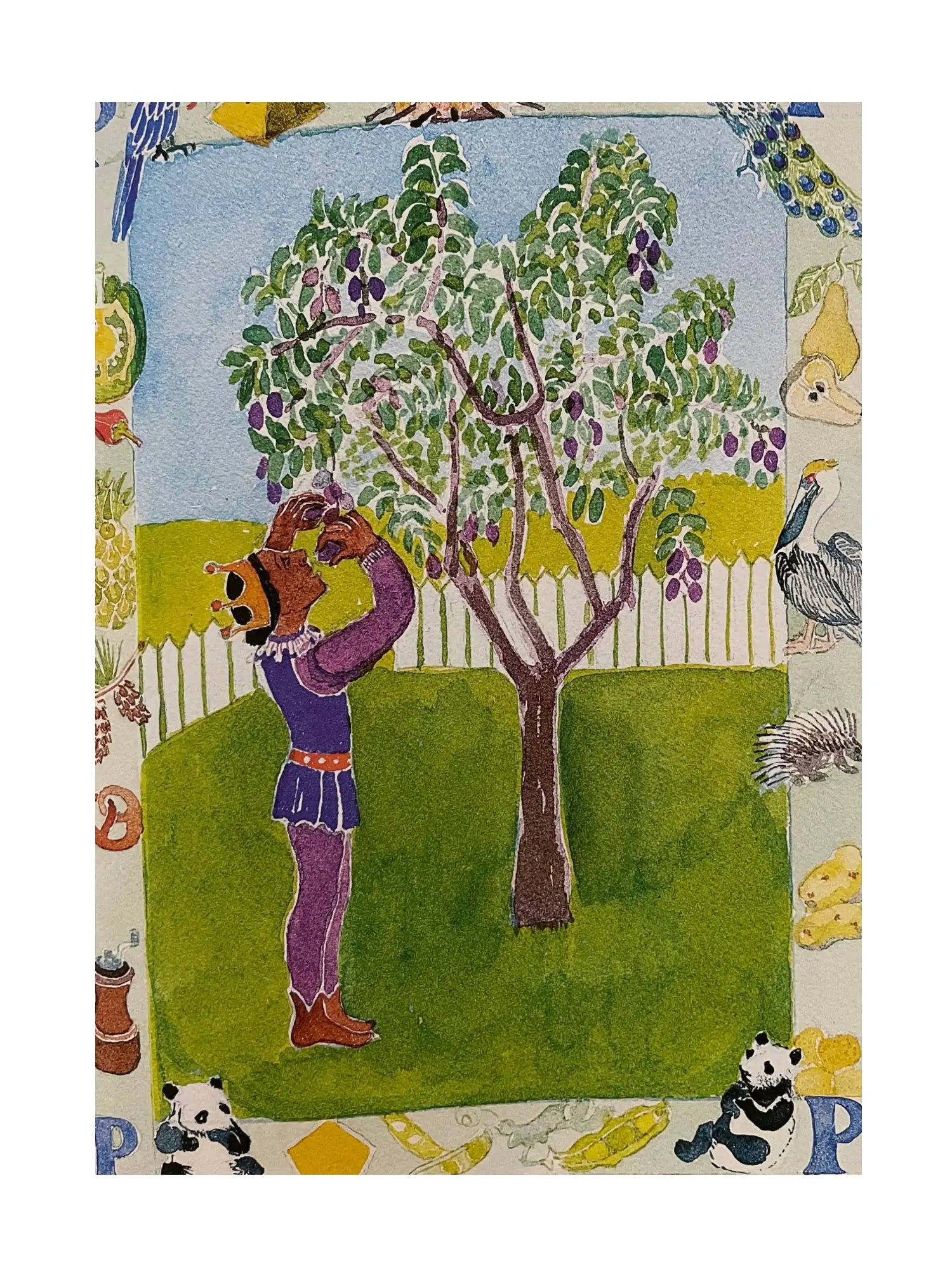 illustration of prince standing in the shape of a P while picking plums