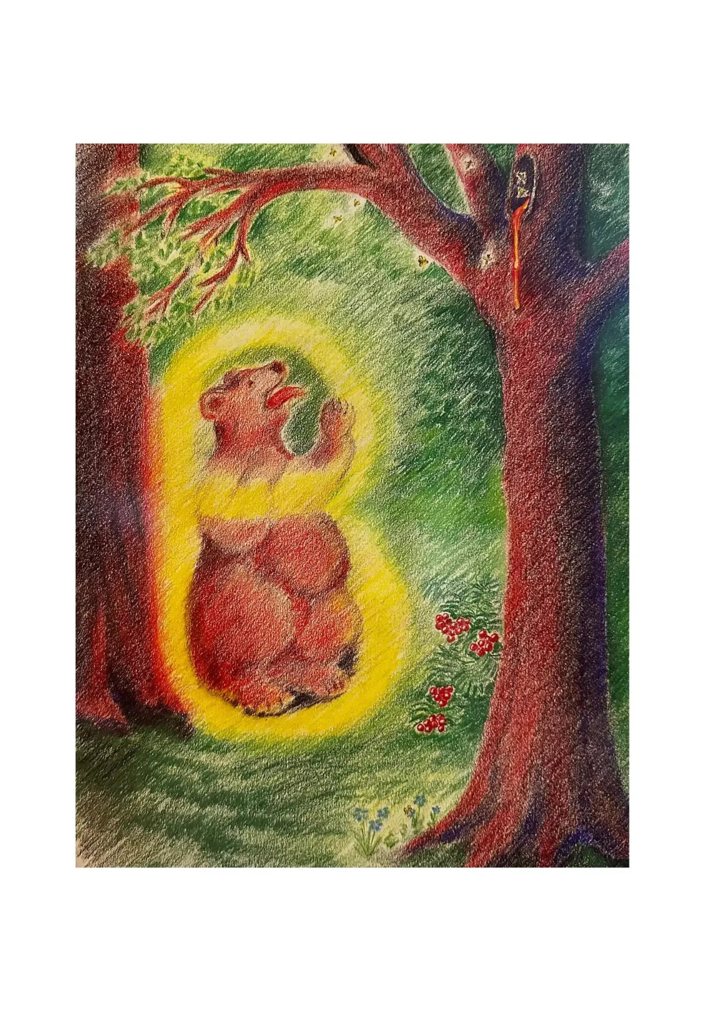 Illustration of a bear in a forest with alphabet letter B as part of the image