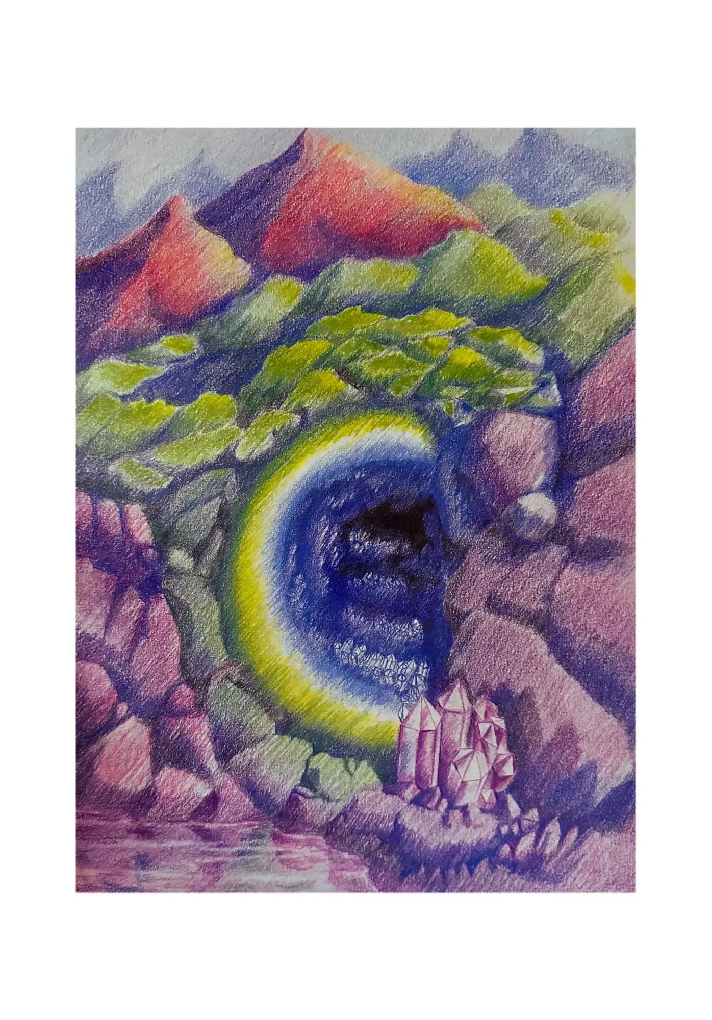 Colorful drawing of a cave with crystals and the letter C