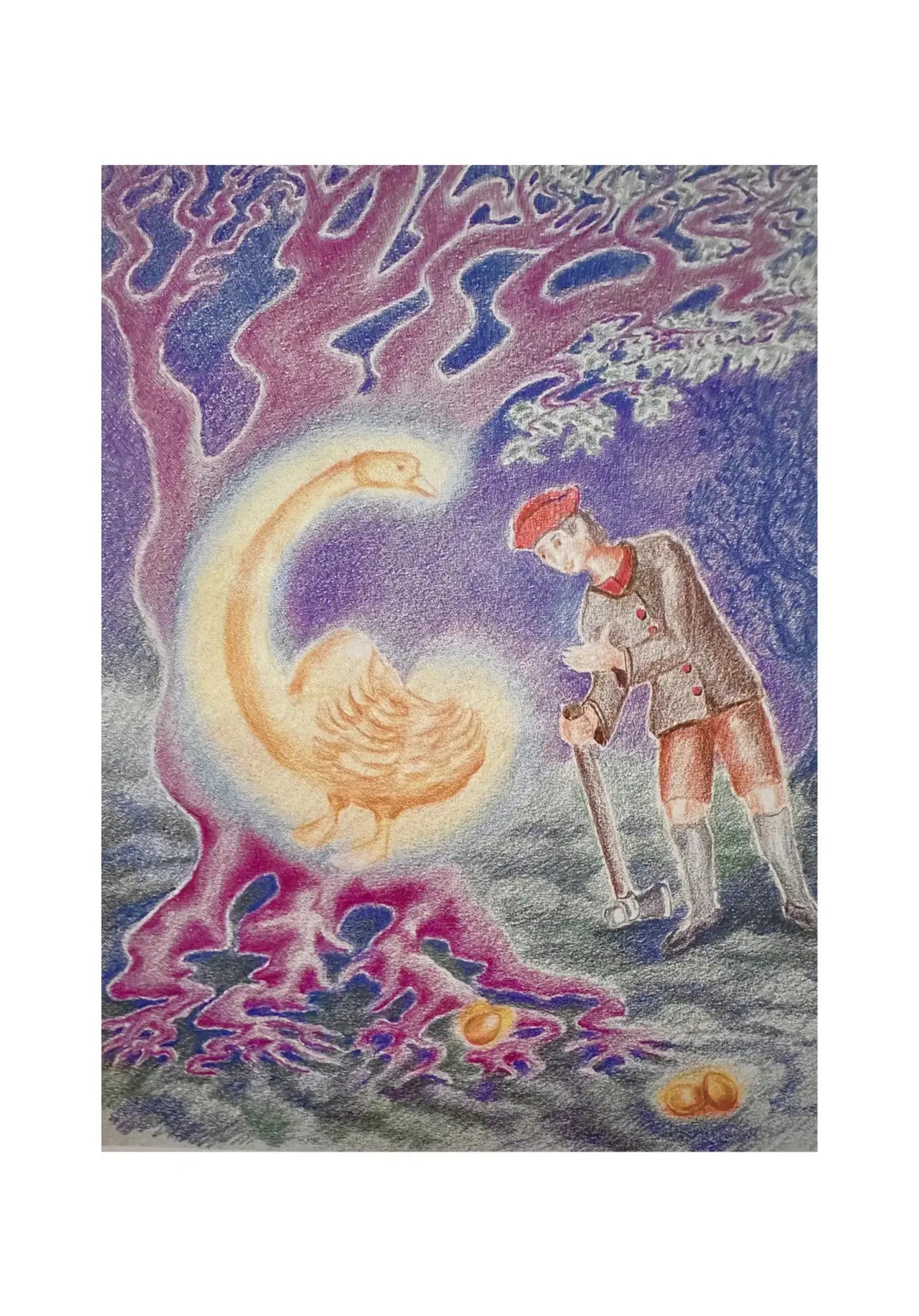 Illustration of a man and a glowing goose with letter G in the image in a mystical setting