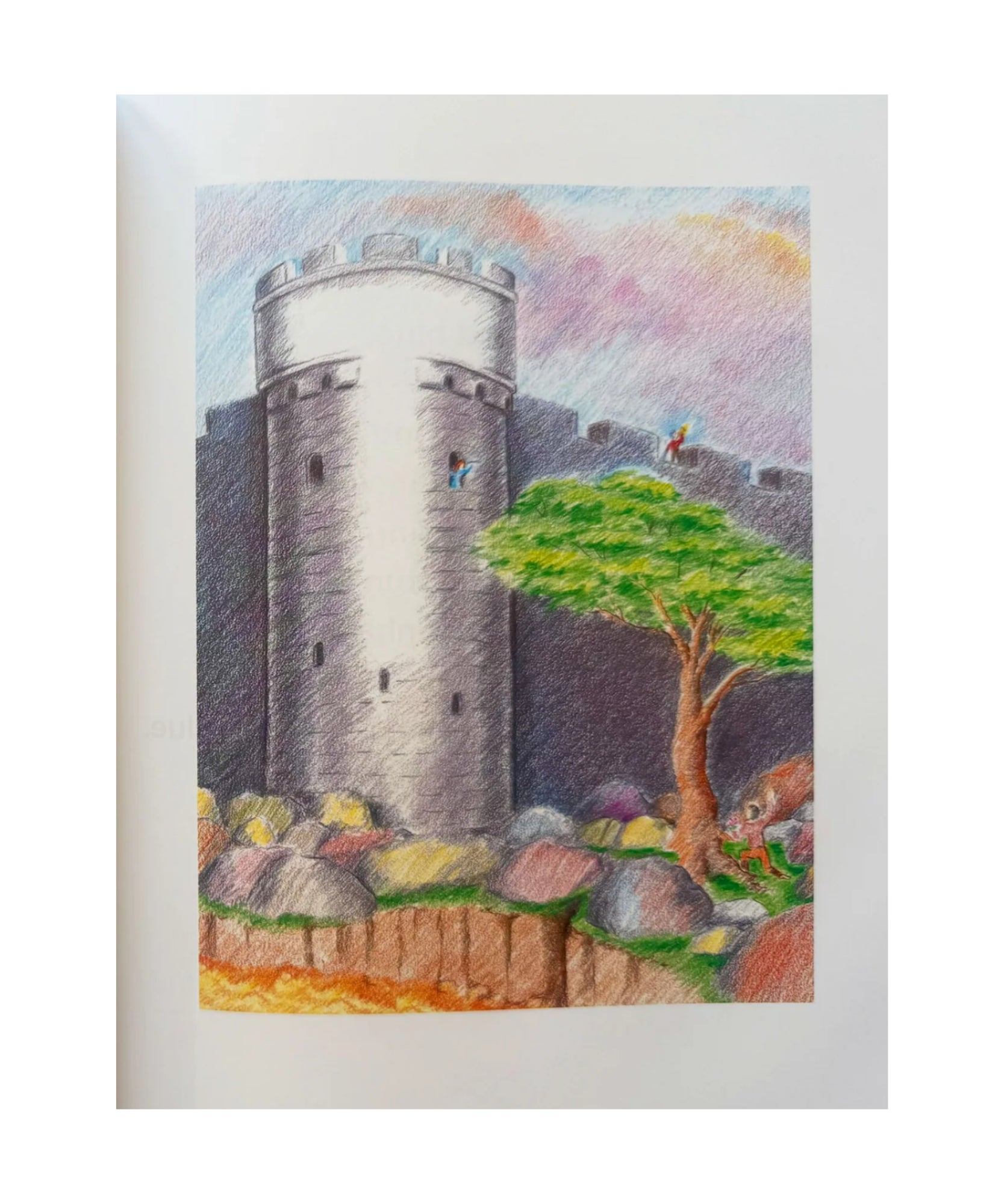 Colorful illustration of a castle with a tower and letter T