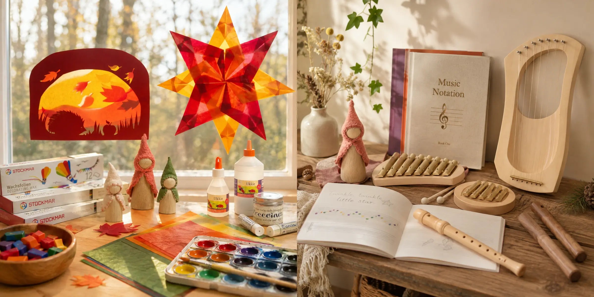 A beautifully styled music and art crafting room scene featuring a wooden flute, a wooden lyre, a music notebook, a colorful stained glass window, a hanging star lantern, a watercolor palette, and wooden beads on a rustic wooden table.