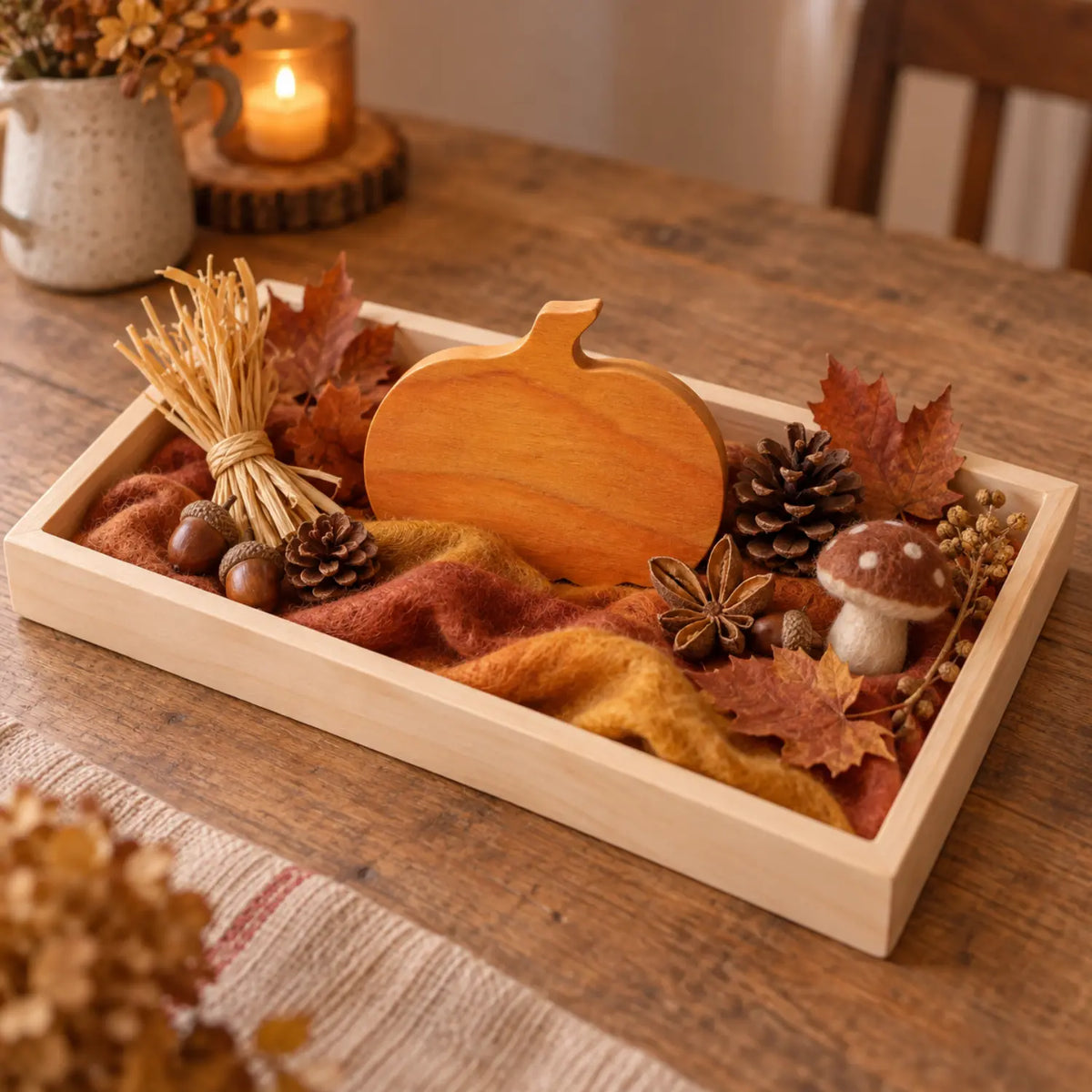 Autumn Waldorf nature table tray with stained wooden pumpkin, mushroom, pinecones, acorns, leaves, and wool textures