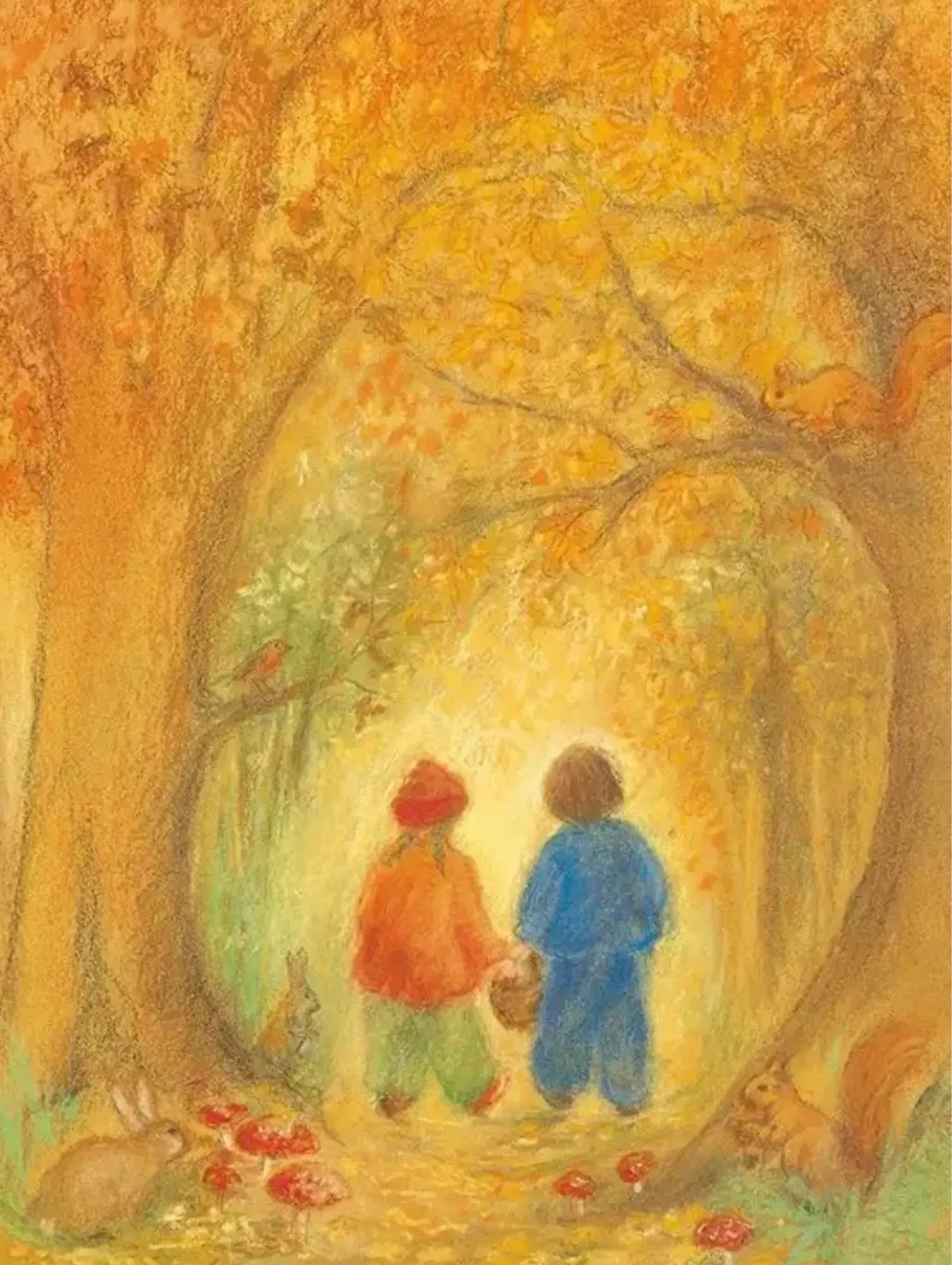 Waldorf postcard of two children walking through a forest with autumn colors