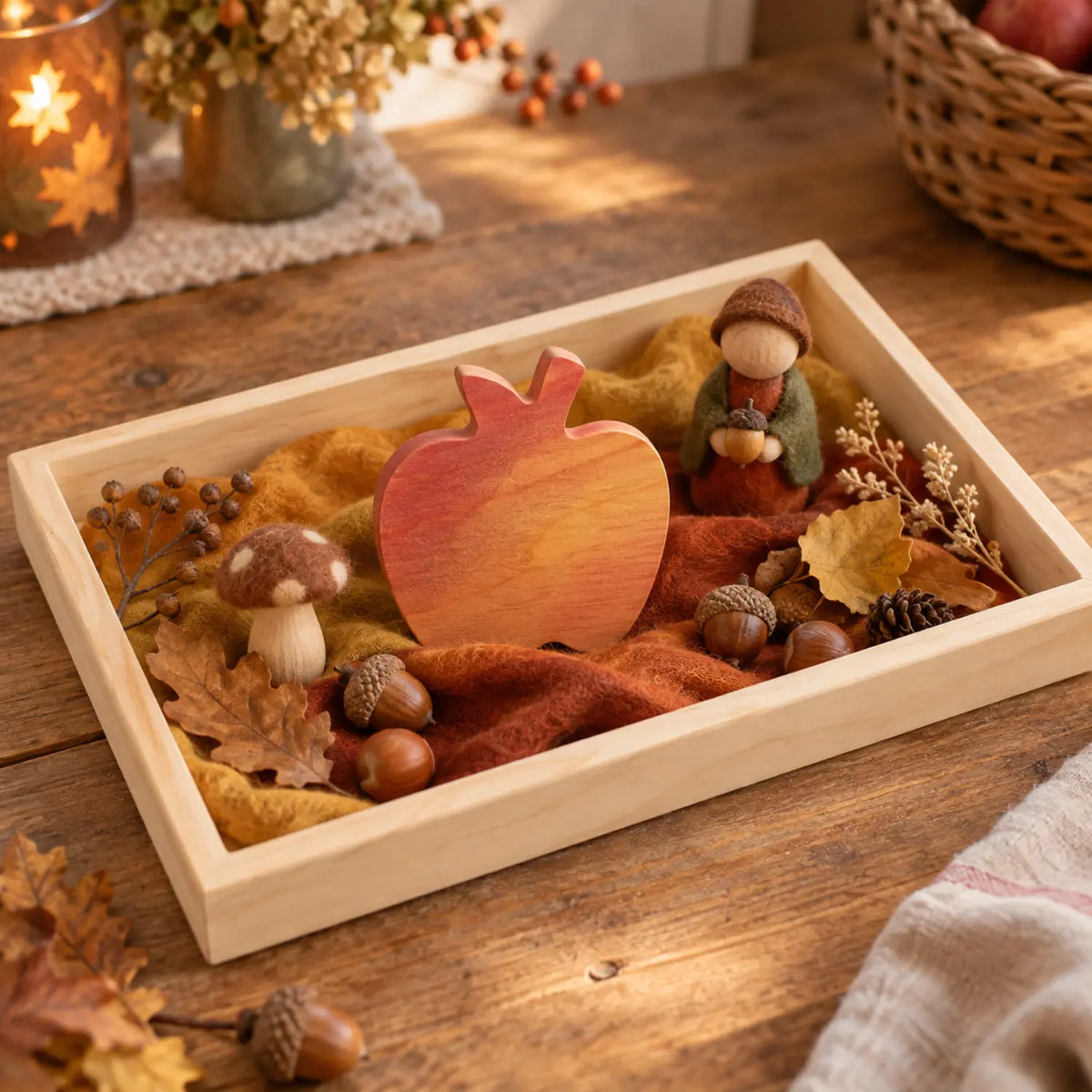 Waldorf-inspired autumn seasonal table tray with stained wooden apple, wool figure, acorns, leaves, and natural textures